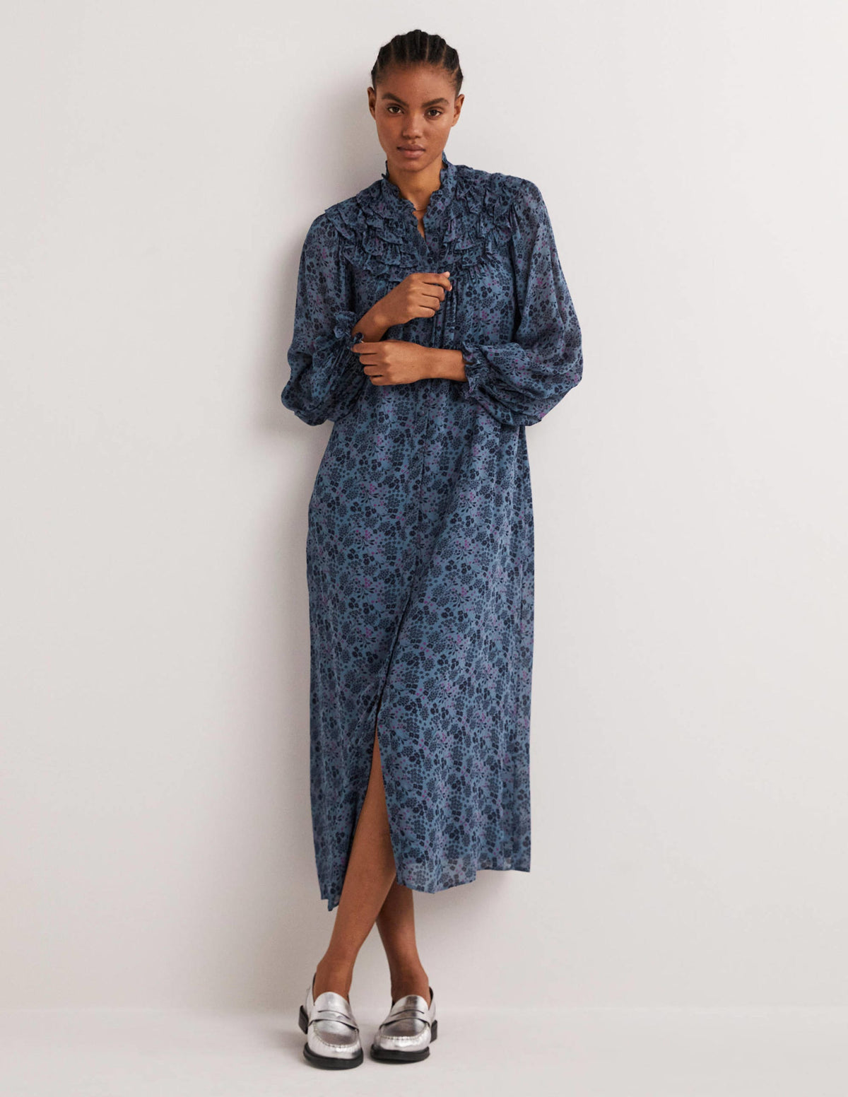 Midi-Hemdblusenkleid mit gerüschter Passe-Mittelblau, Präriegarten - Image 4