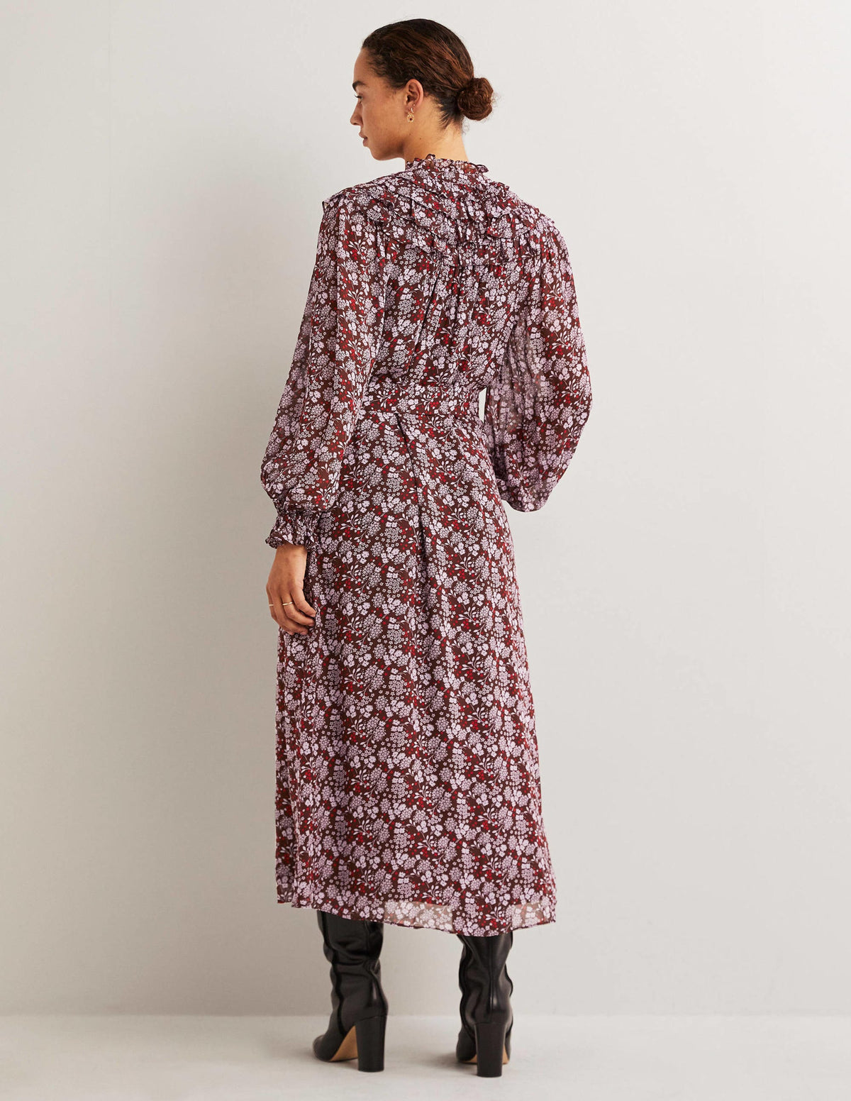 Midi-Hemdblusenkleid mit gerüschter Passe-Dunkles Mahagoni, Präriegarten-3