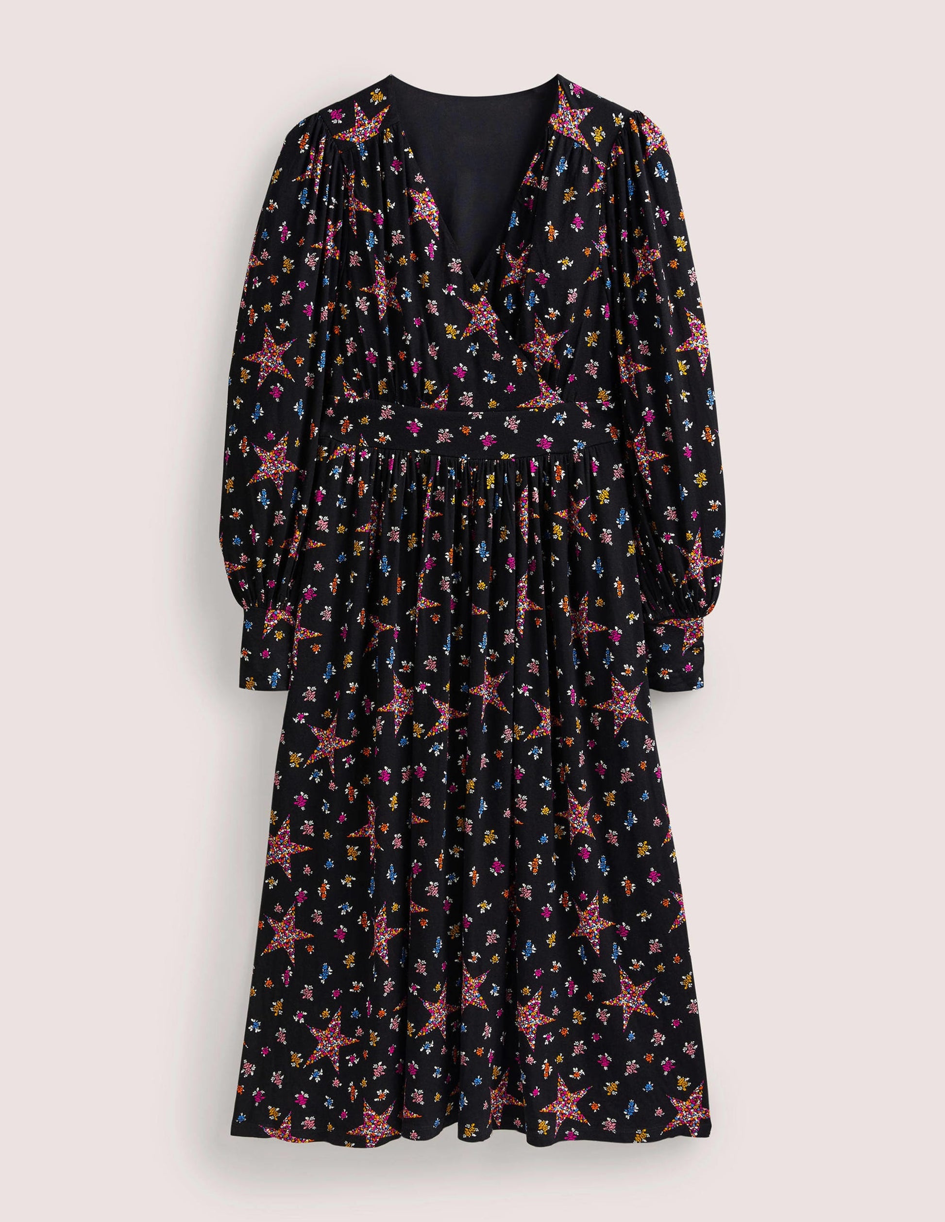 Jersey-Midikleid mit fixierter Wickeloptik-Schwarz, Sterne mit Blumenmuster-6