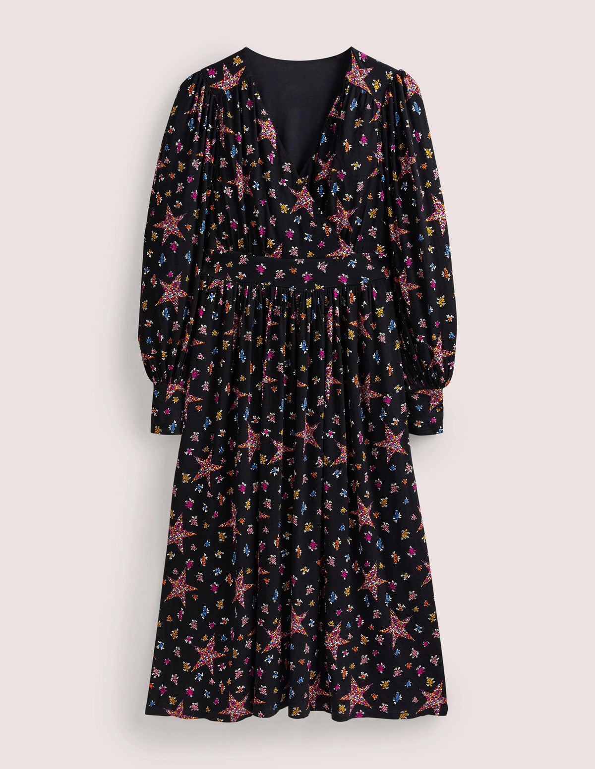 Jersey-Midikleid mit fixierter Wickeloptik-Schwarz, Sterne mit Blumenmuster - Image 6
