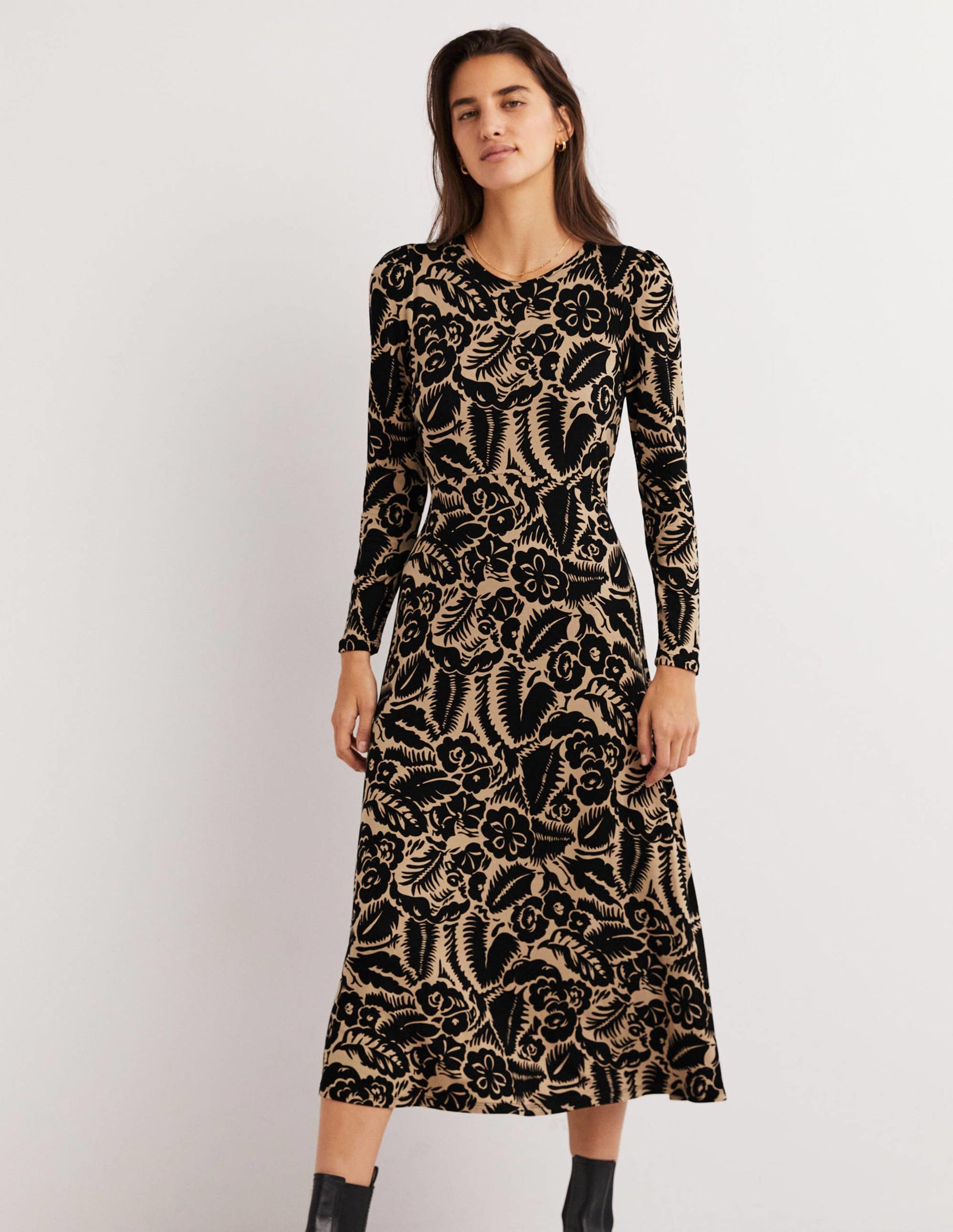 Jersey-Midikleid mit Rundhalsausschnitt-Schwarz, Abstrakter Garten-1