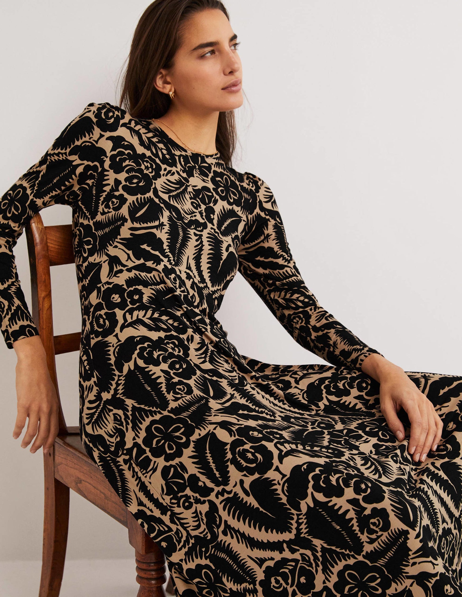 Jersey-Midikleid mit Rundhalsausschnitt-Schwarz, Abstrakter Garten-5