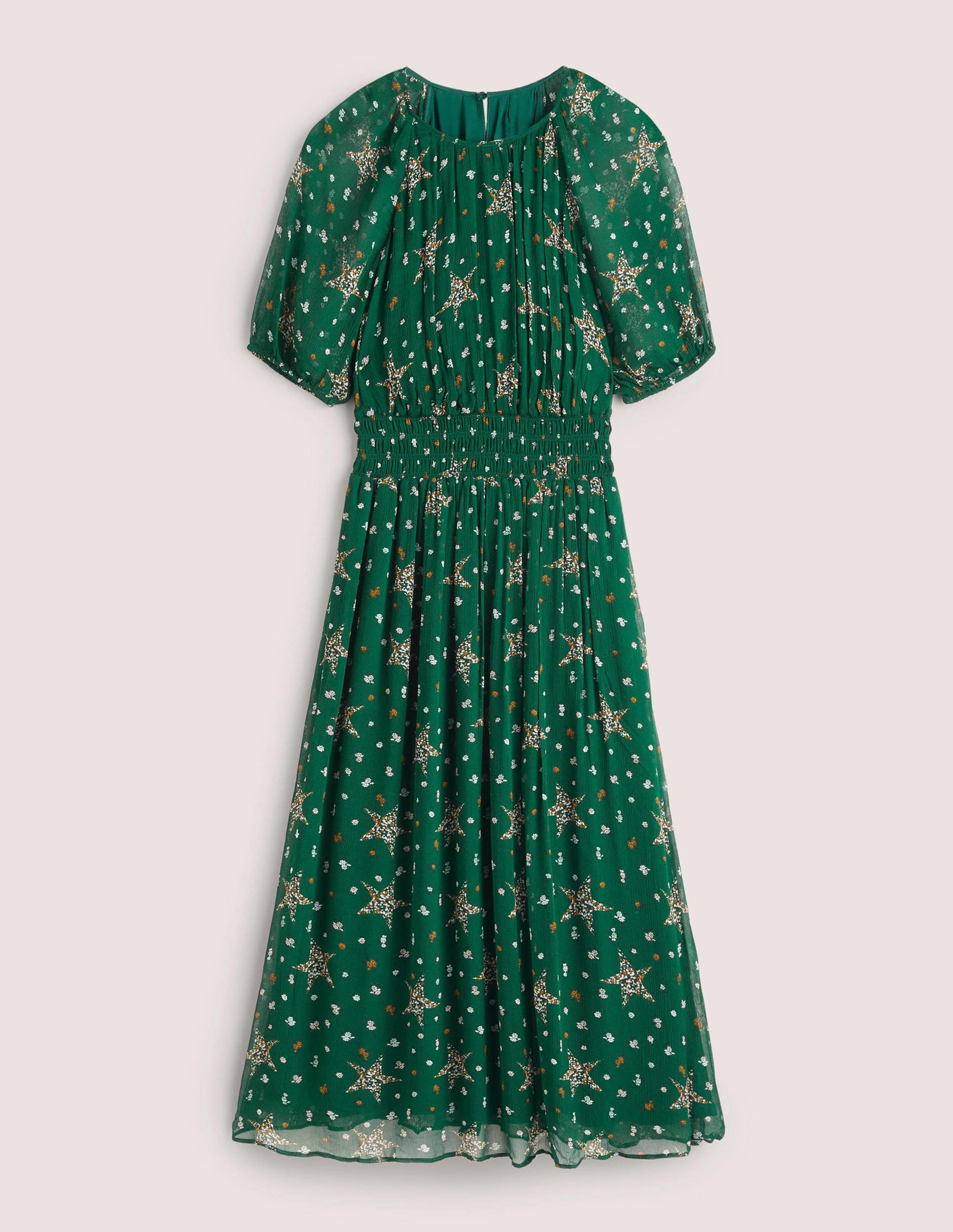 Midikleid mit breiter gesmokter Taille-Jägergrün, Sterne mit Blumenmuster-6