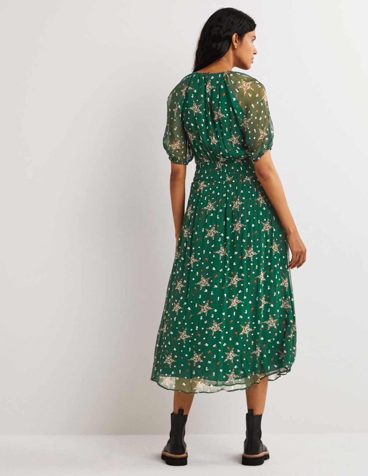 Midikleid mit breiter gesmokter Taille-Jägergrün, Sterne mit Blumenmuster - Image 3