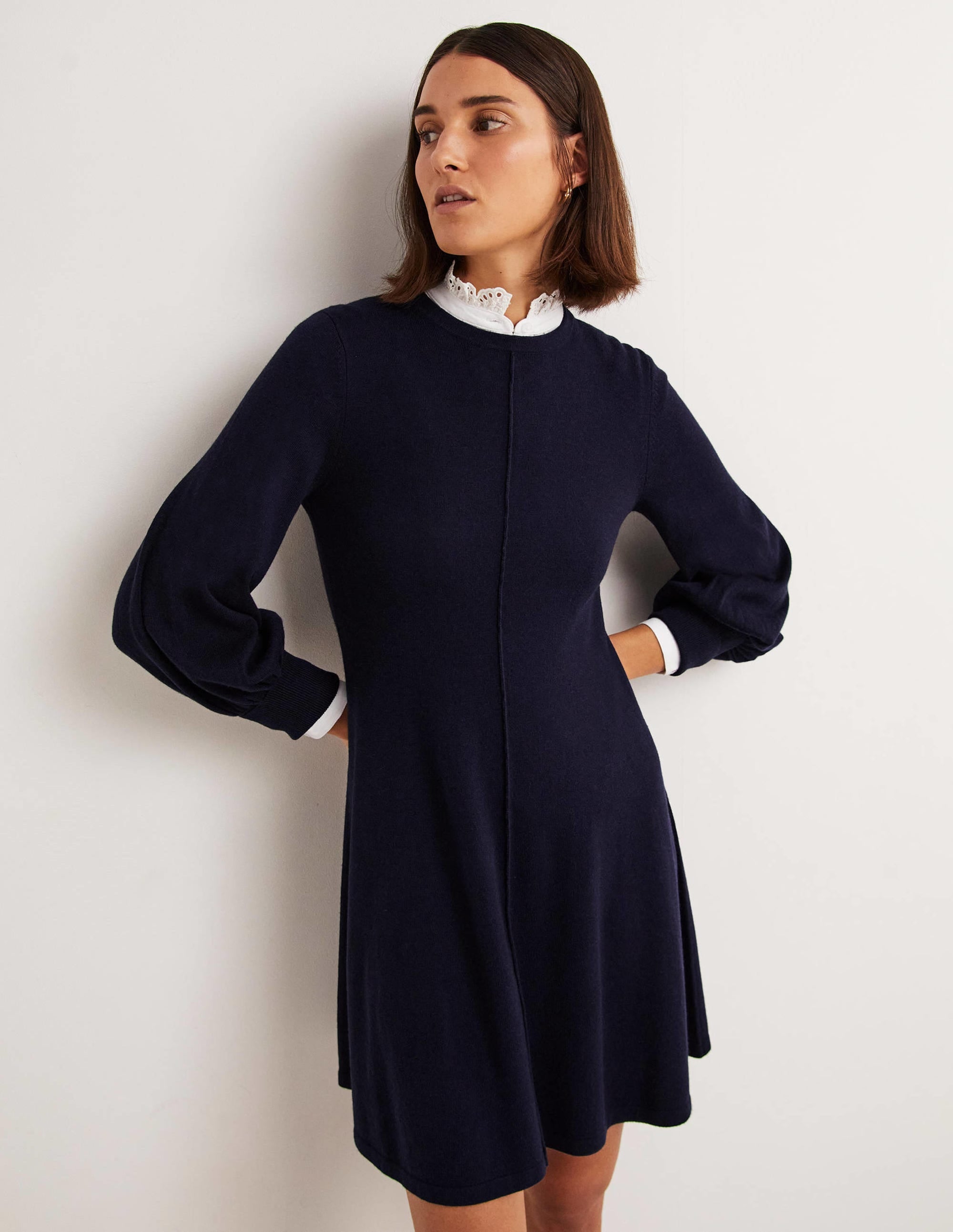 Mini-robe en maille avec détail au poignet-Bleu marine - Image 1