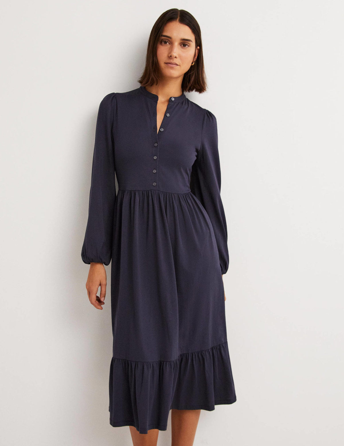 Robe midi boutonnée en jersey-Bleu marine - Image 1