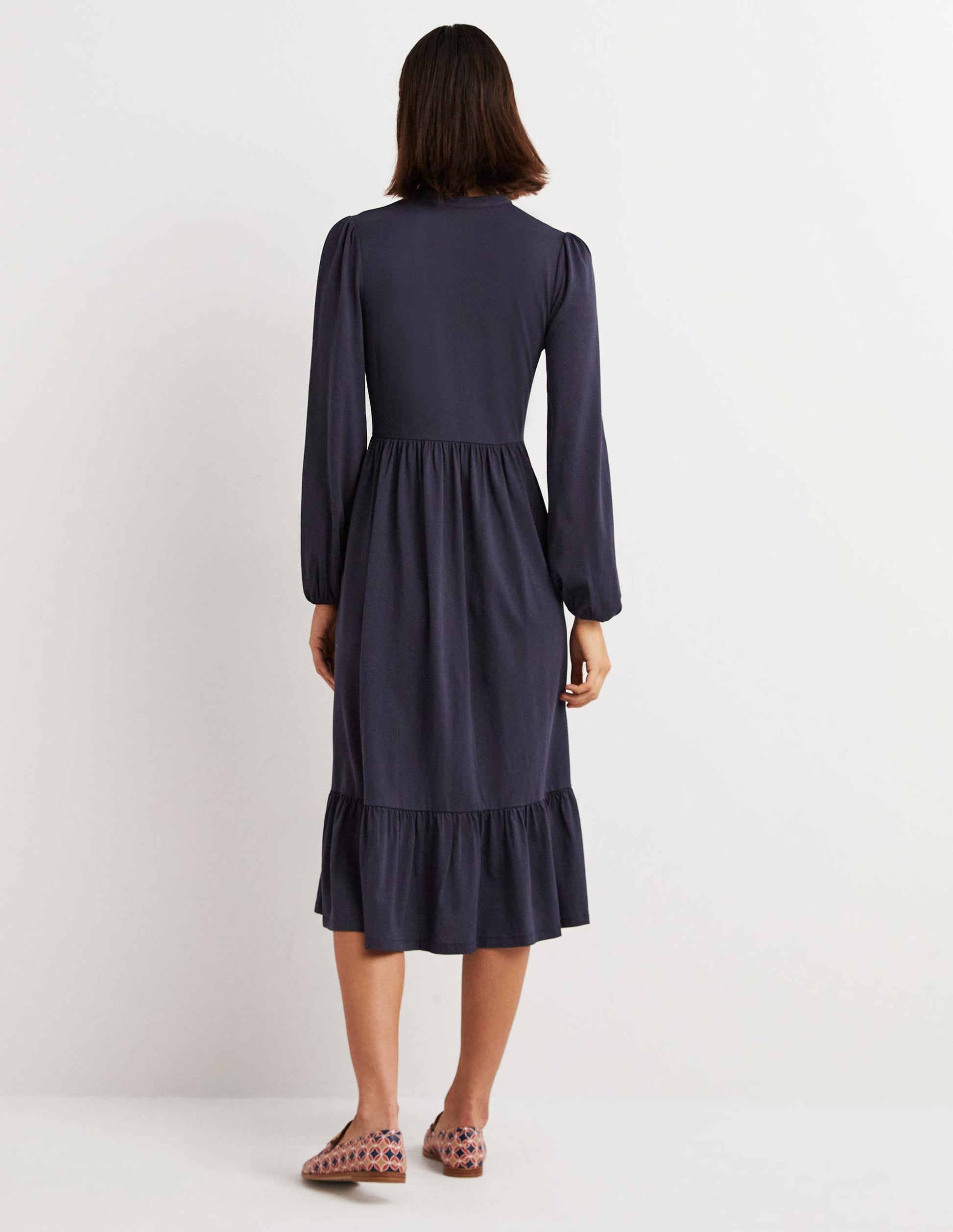 Robe midi boutonnée en jersey-Bleu marine-3