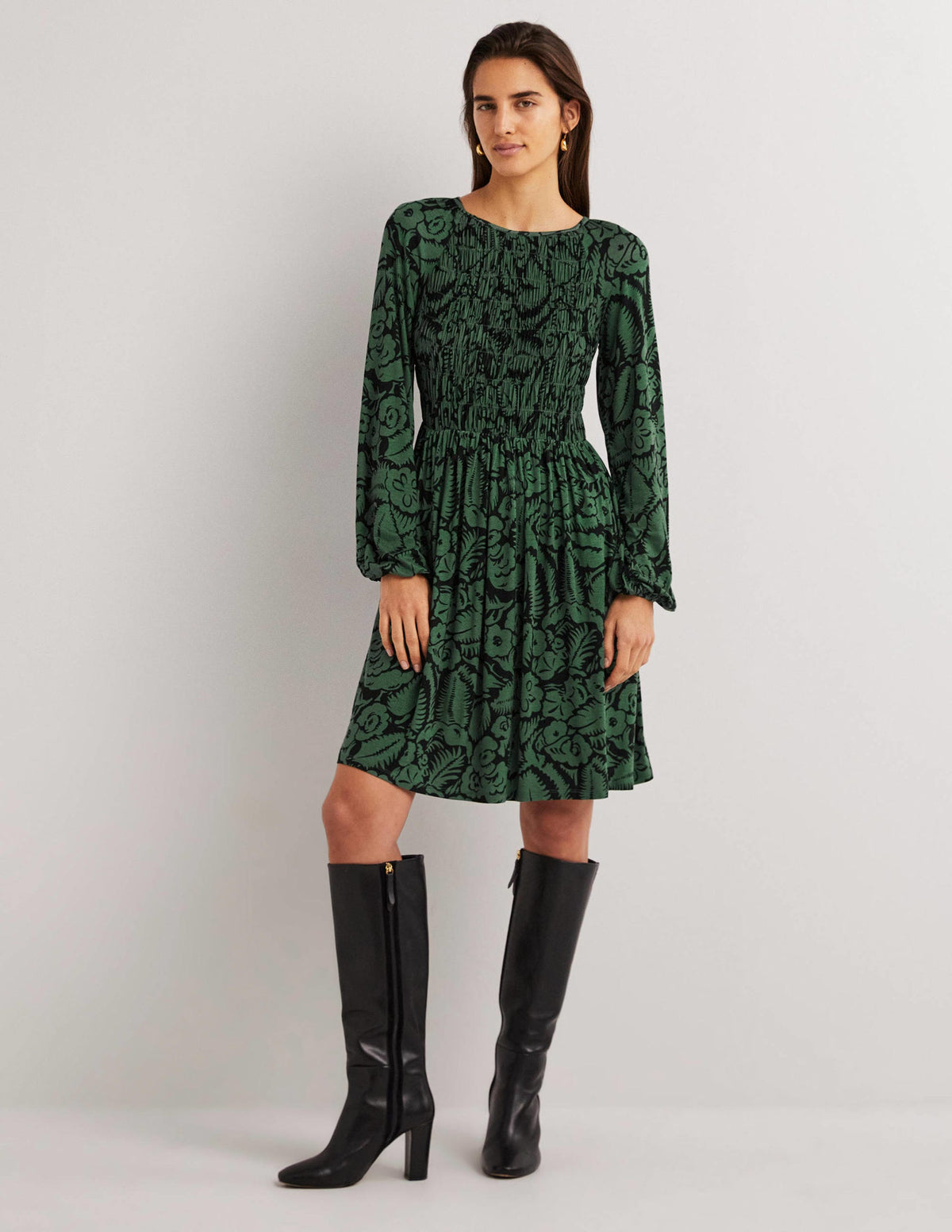Jerseykleid mit gesmoktem Oberteil-Grün, Abstrakter Garten - Image 1