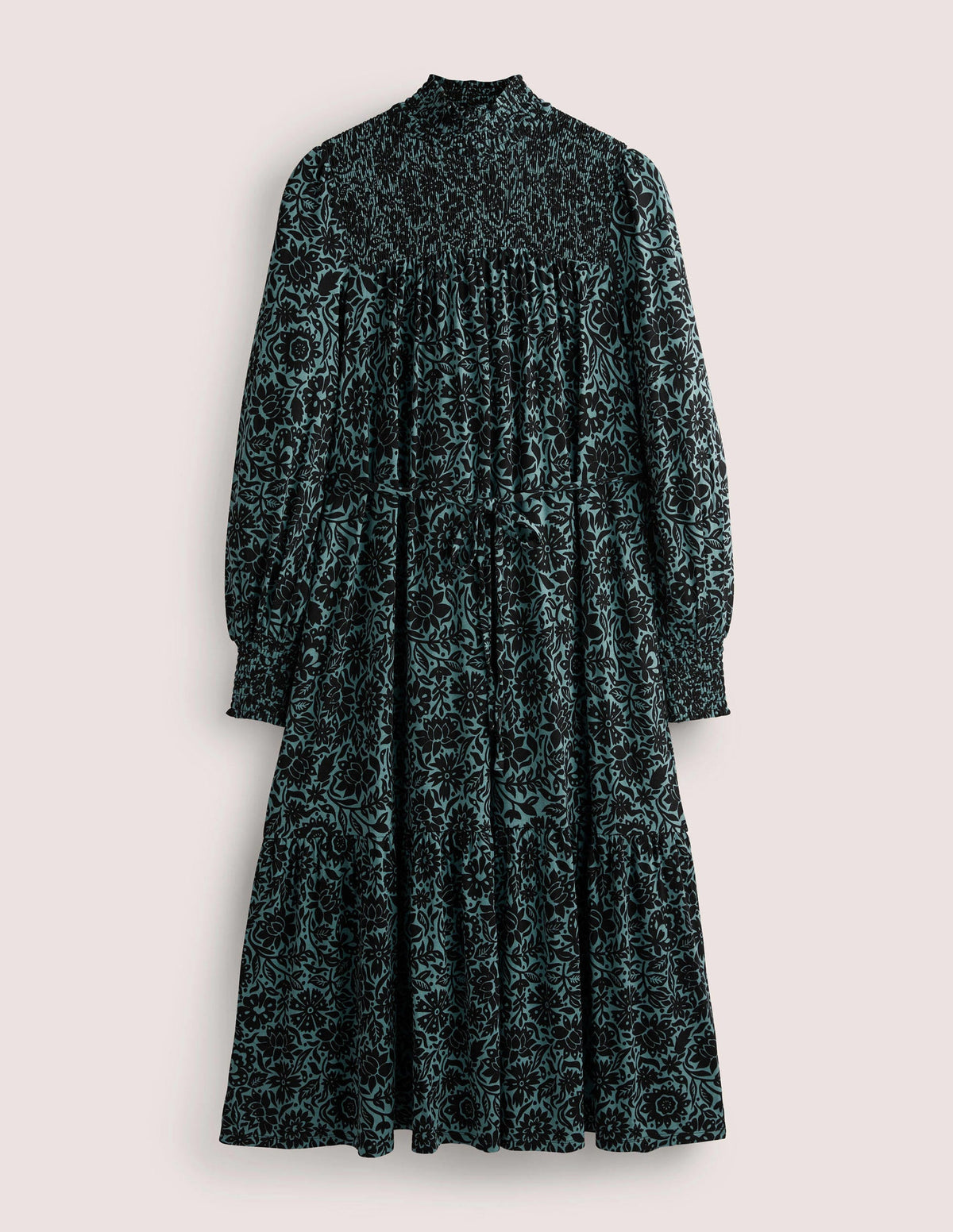 Jersey-Maxikleid mit hohem Kragen-Mittelblau, Blättriges Blumenmuster - Image 6