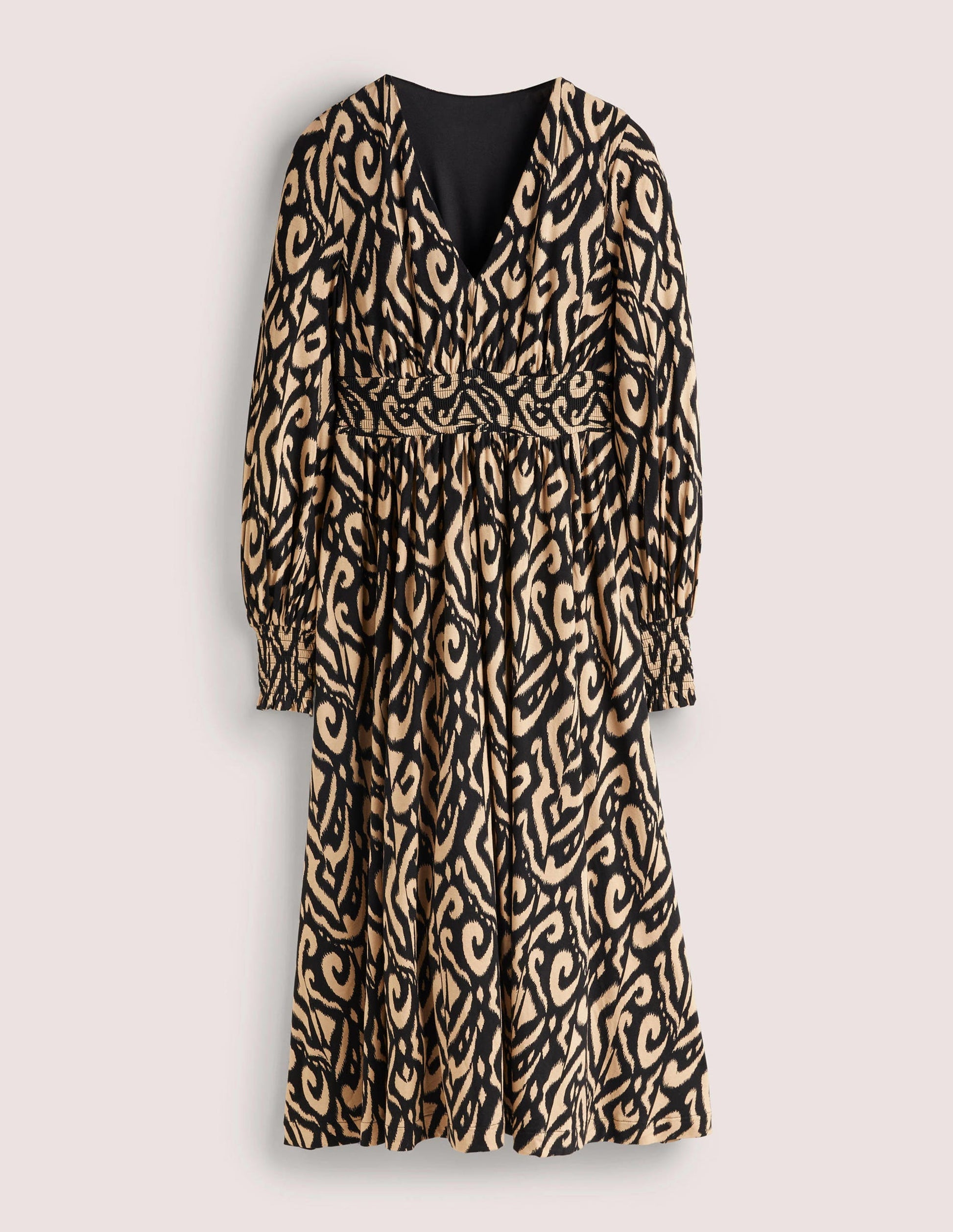 Jersey-Midikleid mit Smokdetail-Schwarz, Ikat-Muster-6