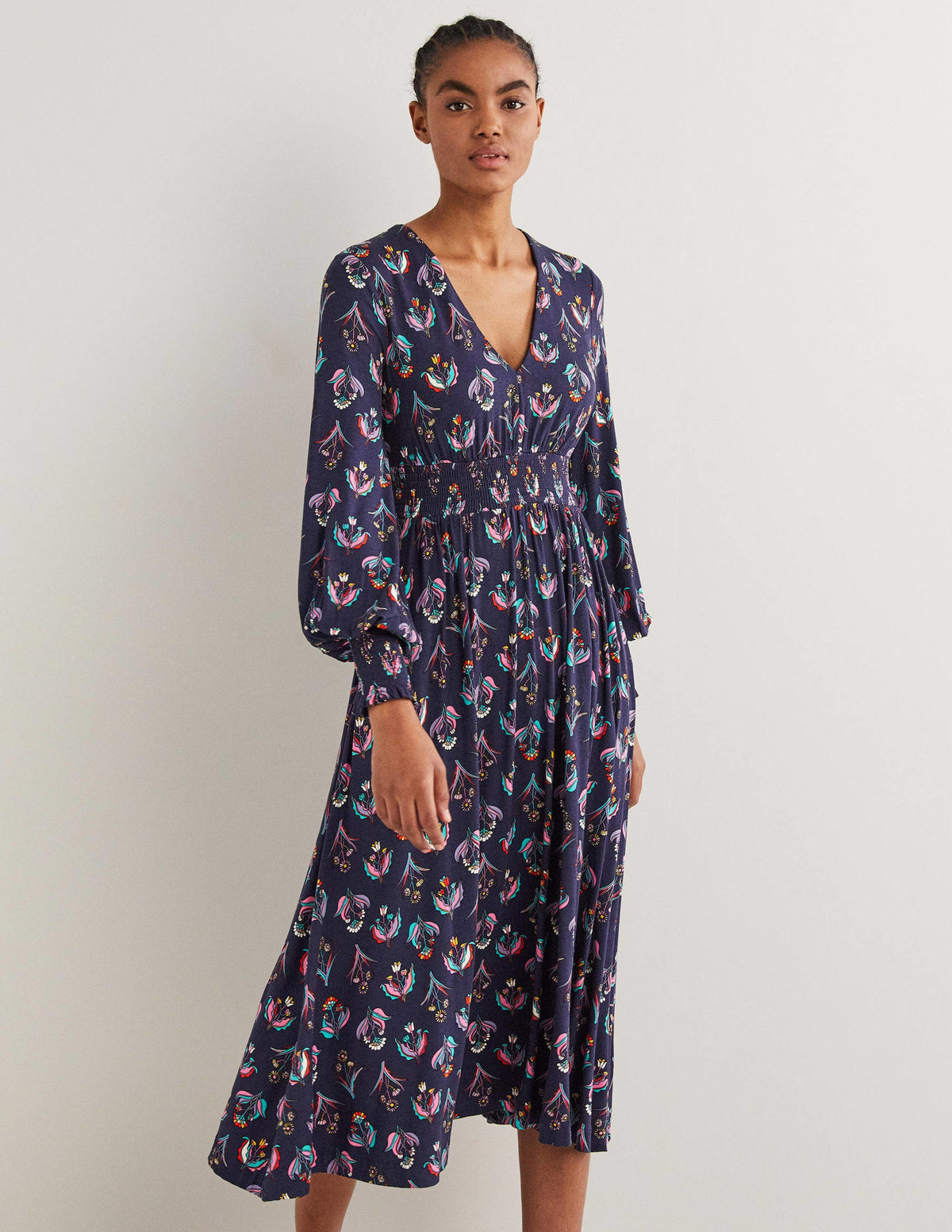 Smocked Jersey Midi Dress-French Navy, Botanic Bunch-1