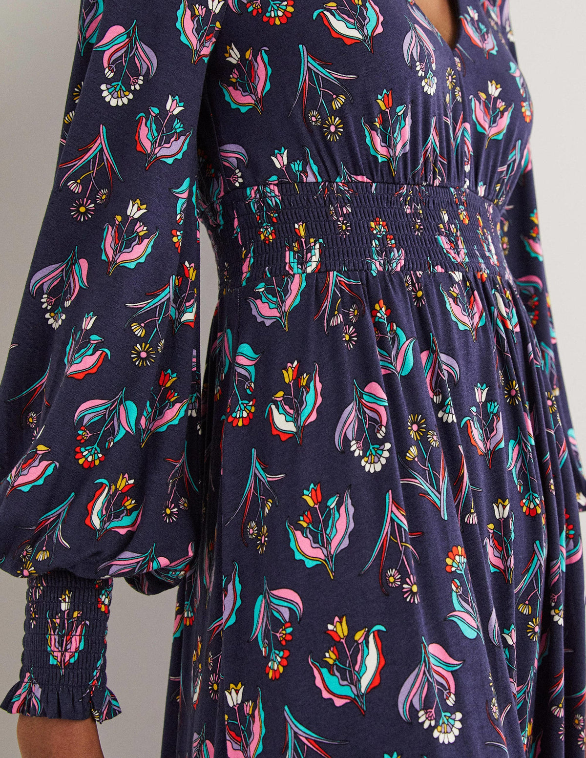 Smocked Jersey Midi Dress-French Navy, Botanic Bunch-2
