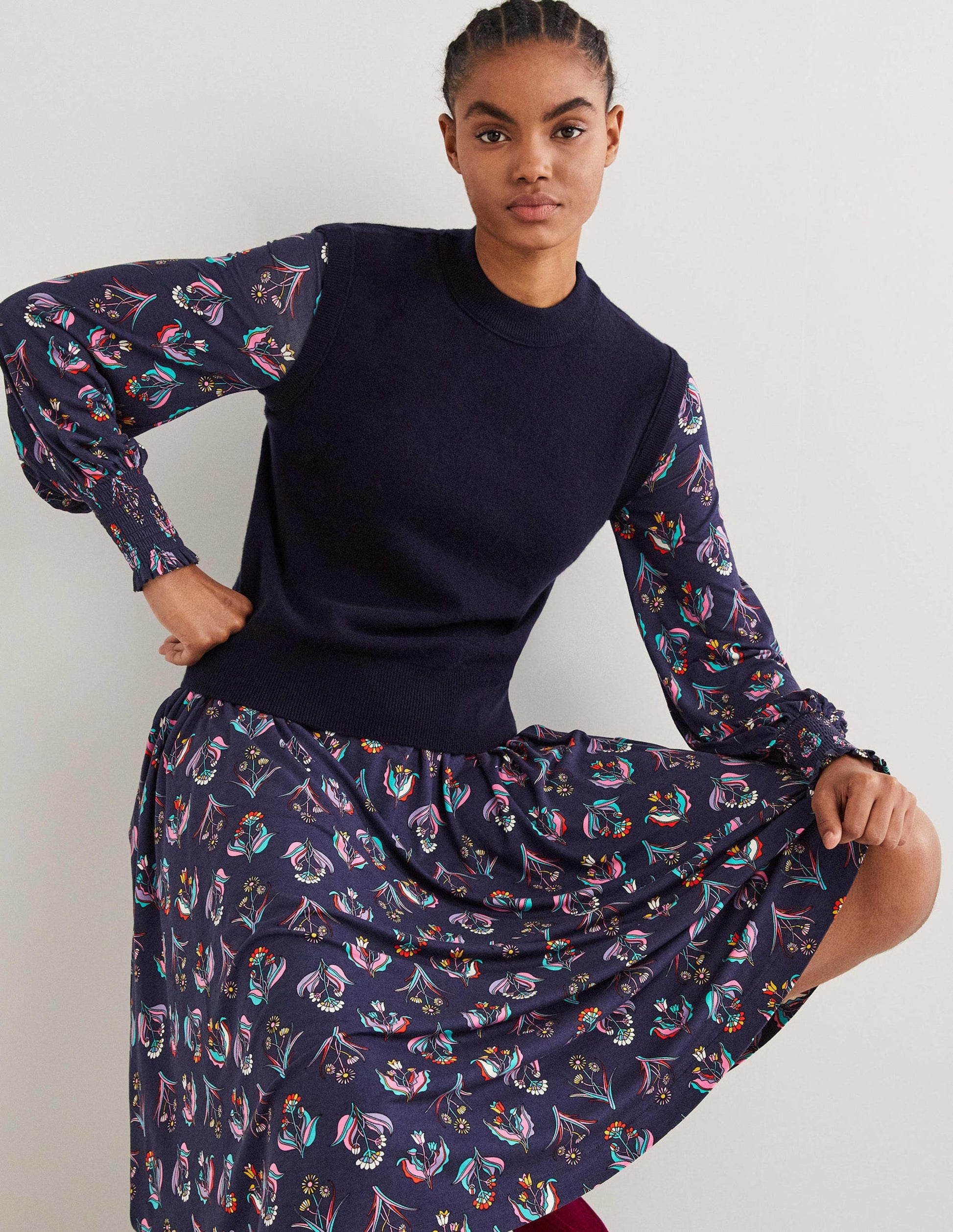 Smocked Jersey Midi Dress-French Navy, Botanic Bunch-4