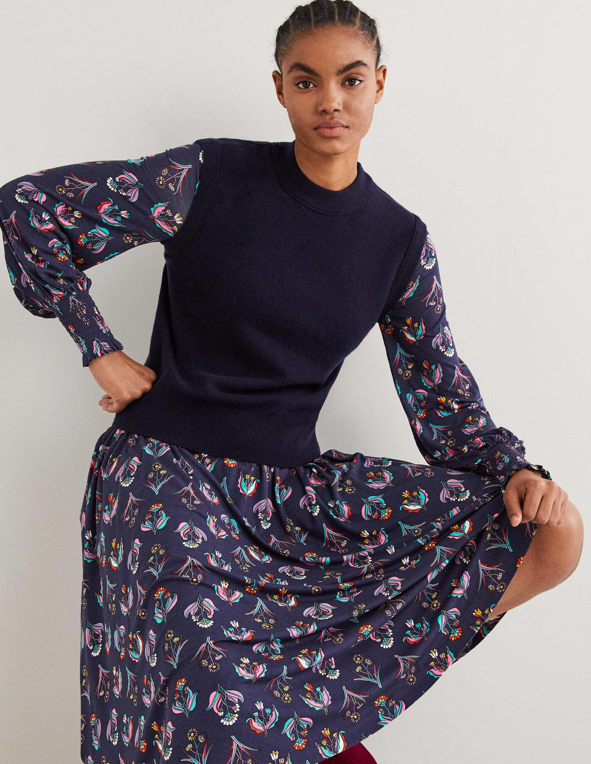 Smocked Jersey Midi Dress-French Navy, Botanic Bunch - Image 4