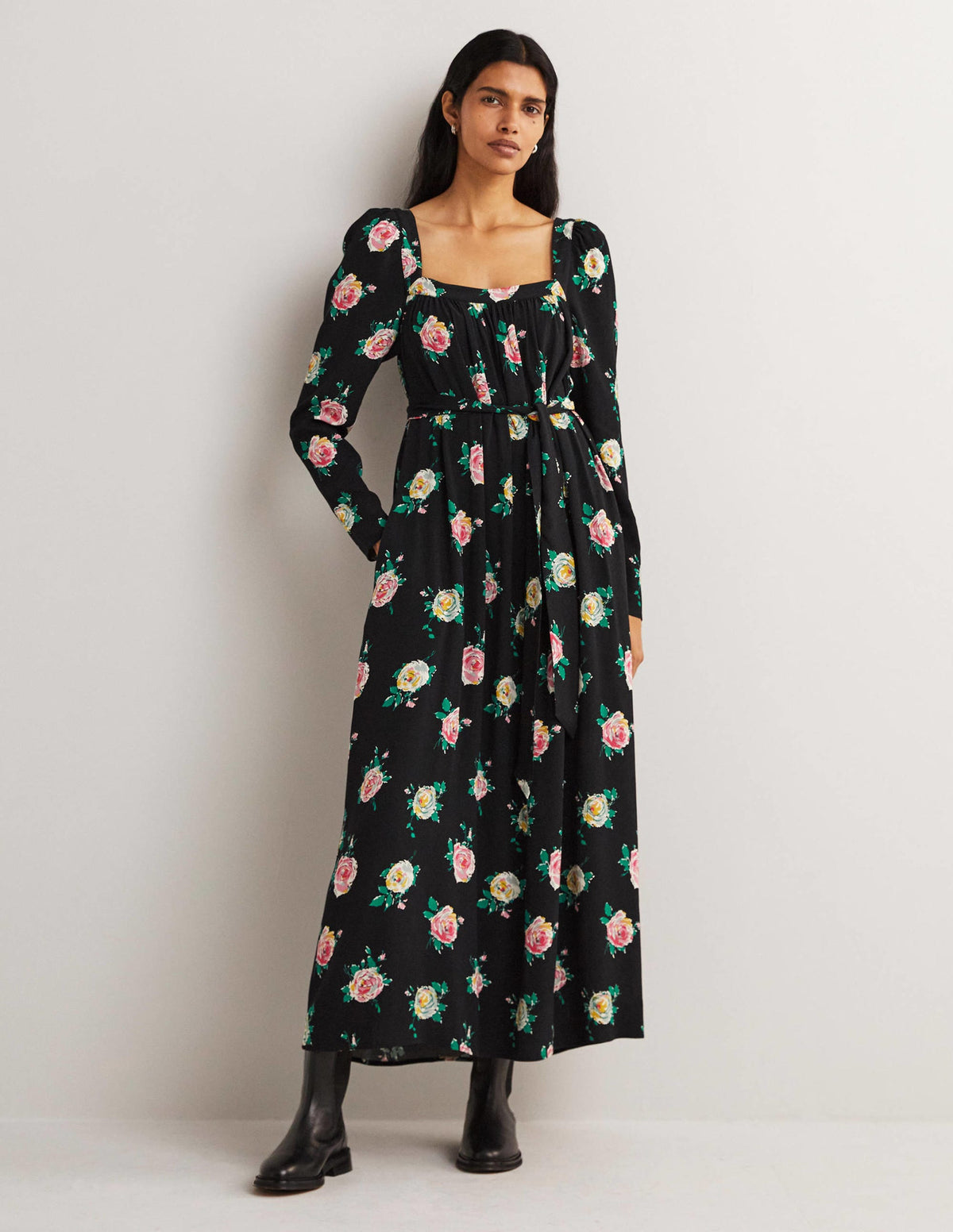 Maxikleid mit eckigem Ausschnitt-Schwarz, Gemalte Rosen - Image 1