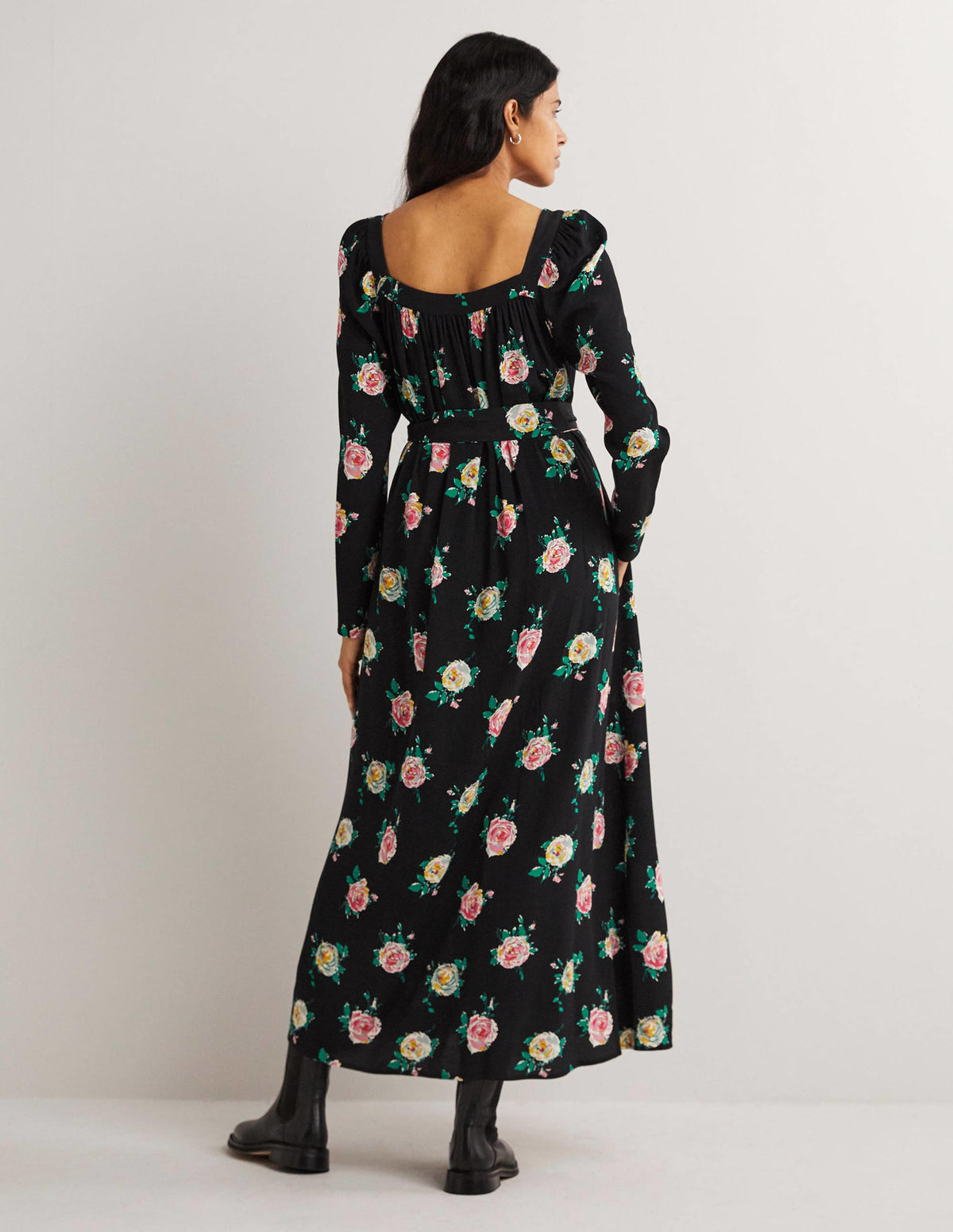 Maxikleid mit eckigem Ausschnitt-Schwarz, Gemalte Rosen-3