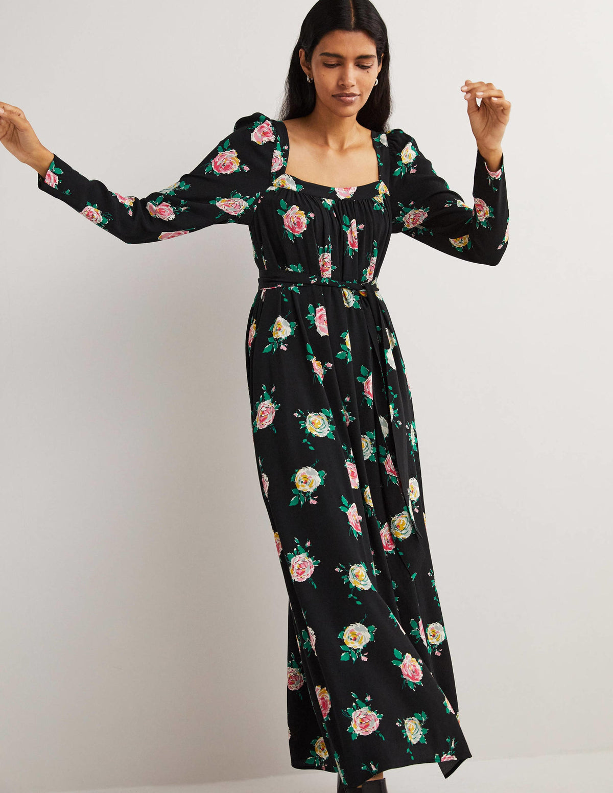Maxikleid mit eckigem Ausschnitt-Schwarz, Gemalte Rosen - Image 4