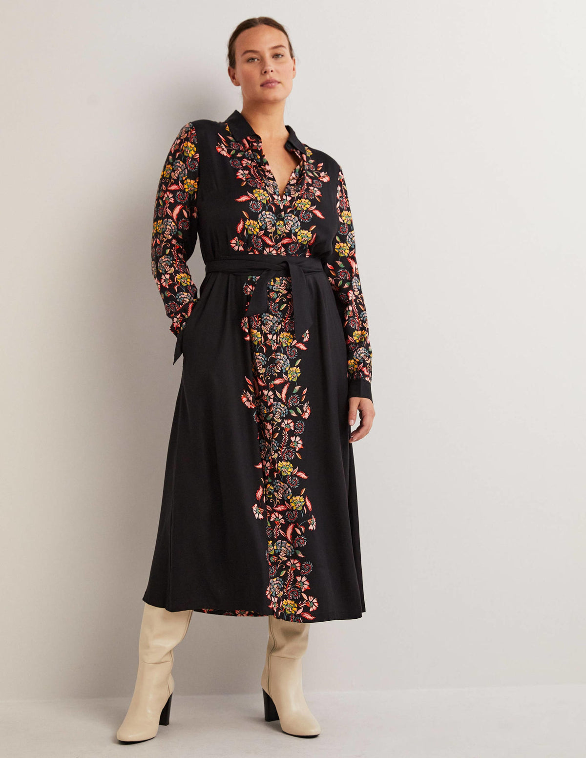 Robe-chemise midi à manches longues-Noir, motif Blossom Pomme-1