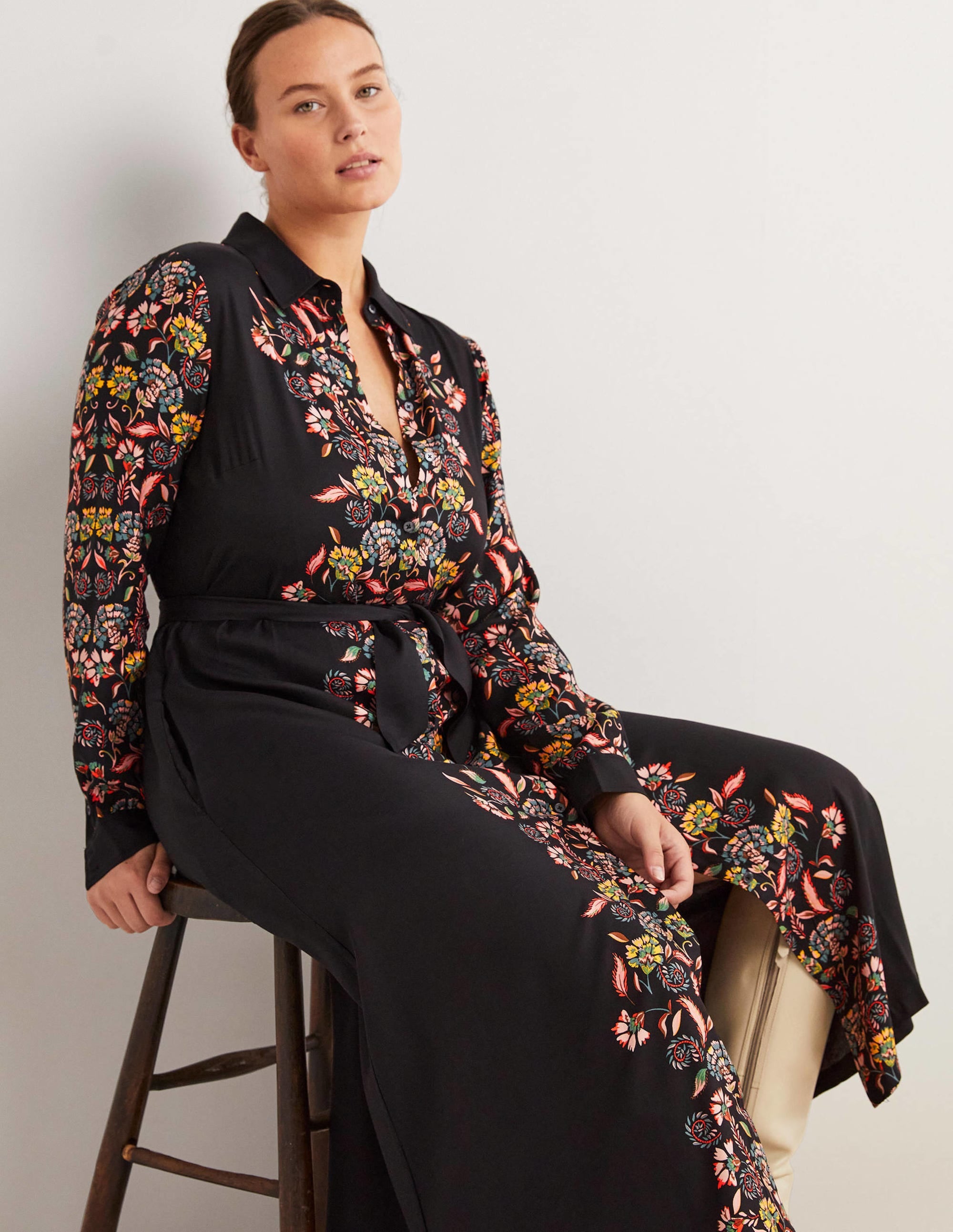 Robe-chemise midi à manches longues-Noir, motif Blossom Pomme - Image 4