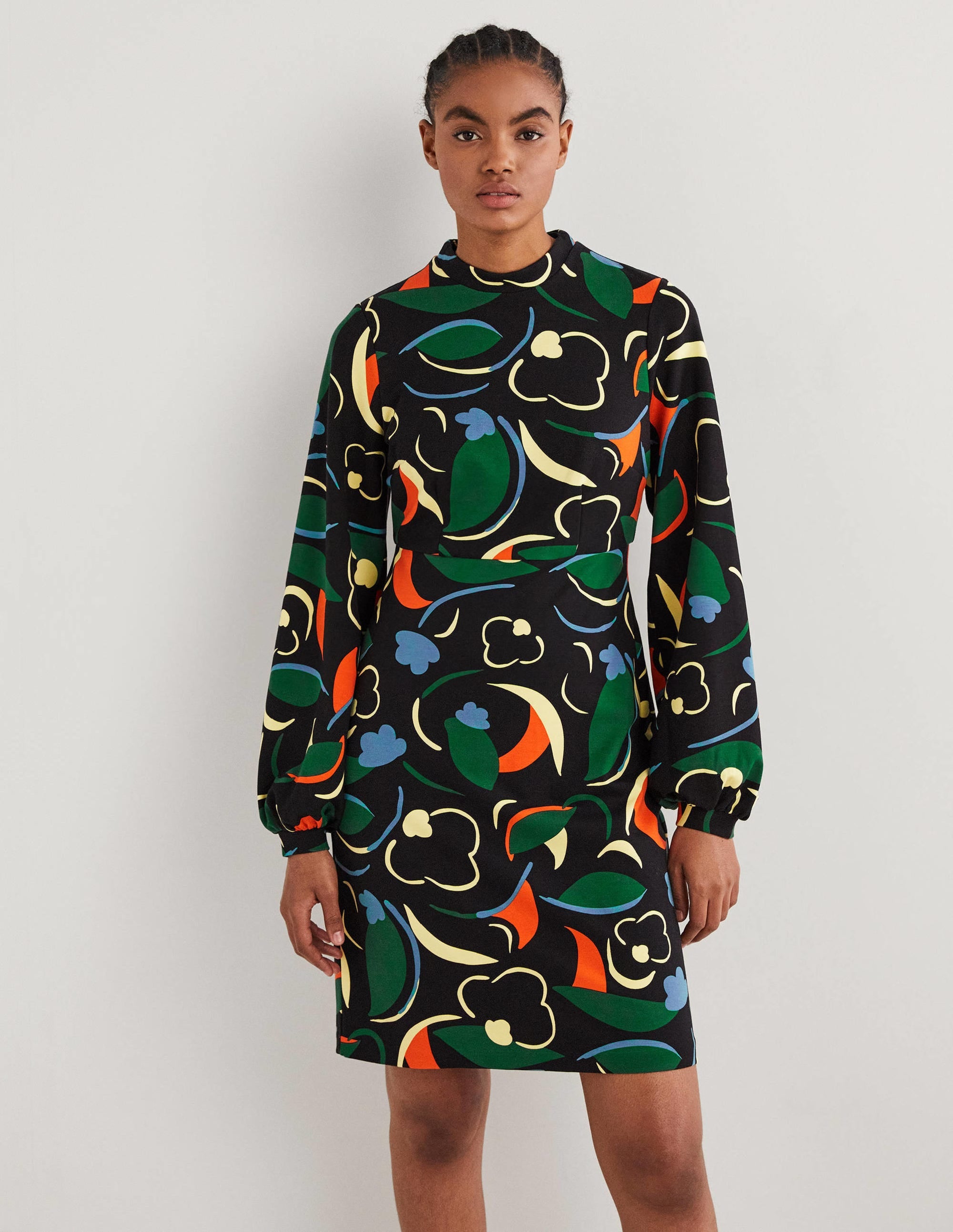 Jersey-Minikleid mit Blousonärmeln-Bunt, Abstraktes Wirbelmuster - Image 4