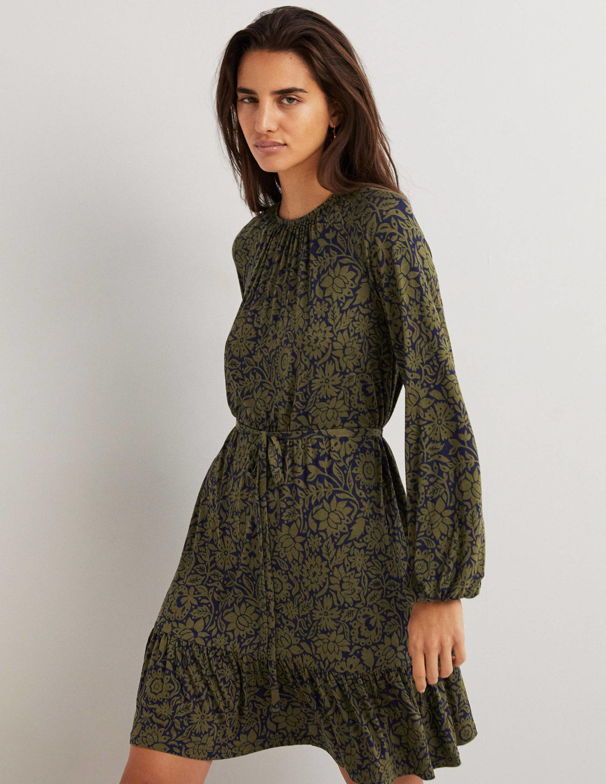 Crew Neck Jersey Mini Dress-Basil, Foliage Bloom - Image 1