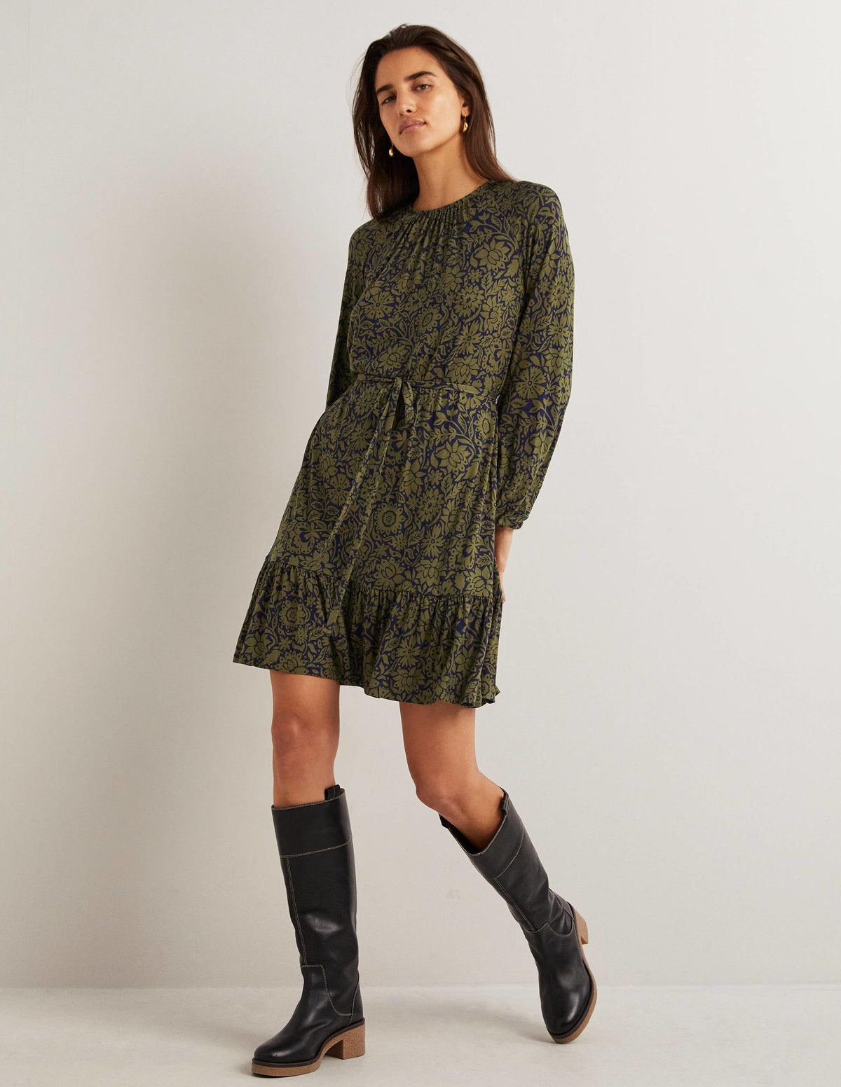 Crew Neck Jersey Mini Dress-Basil, Foliage Bloom - Image 4