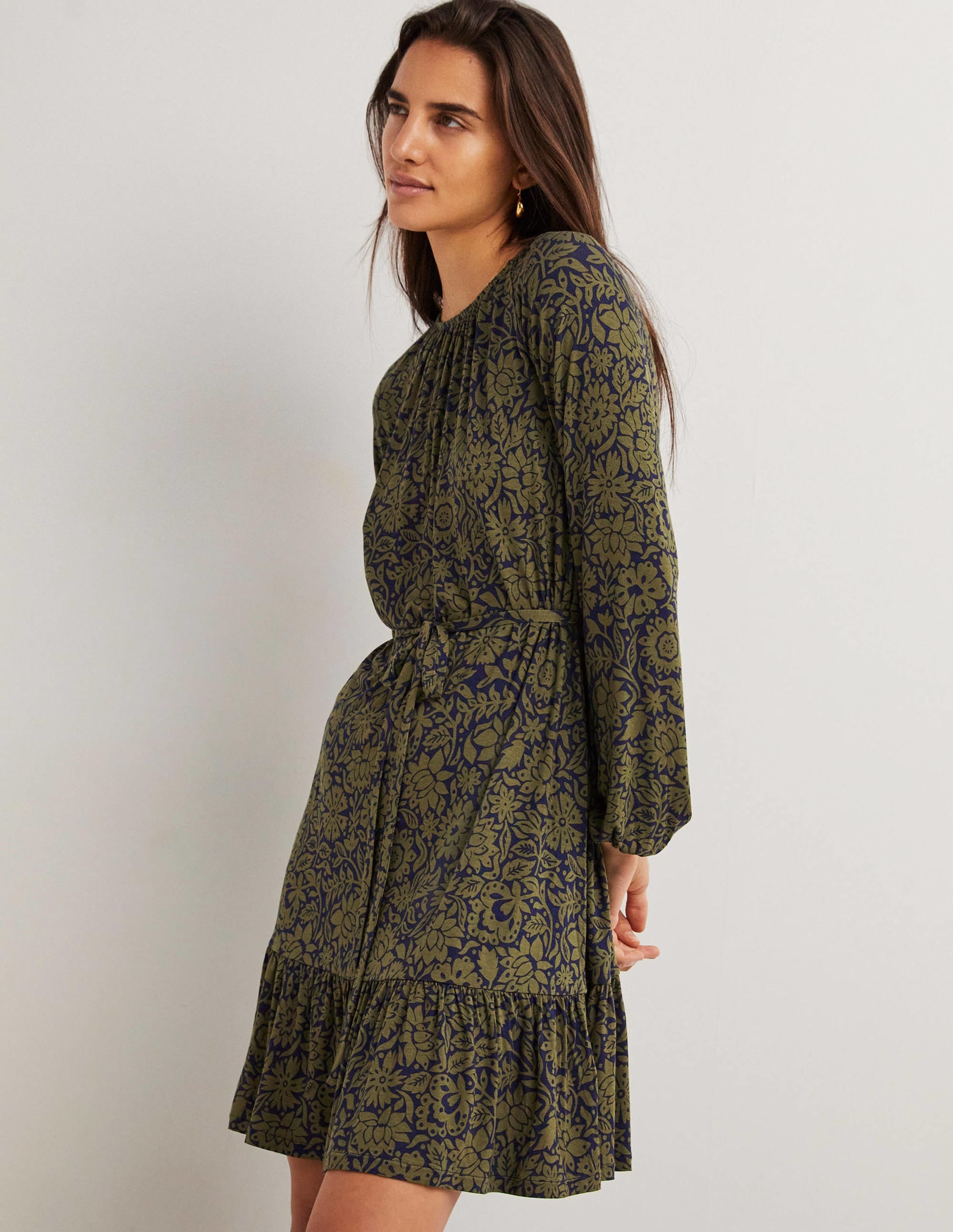 Crew Neck Jersey Mini Dress-Basil, Foliage Bloom - Image 5