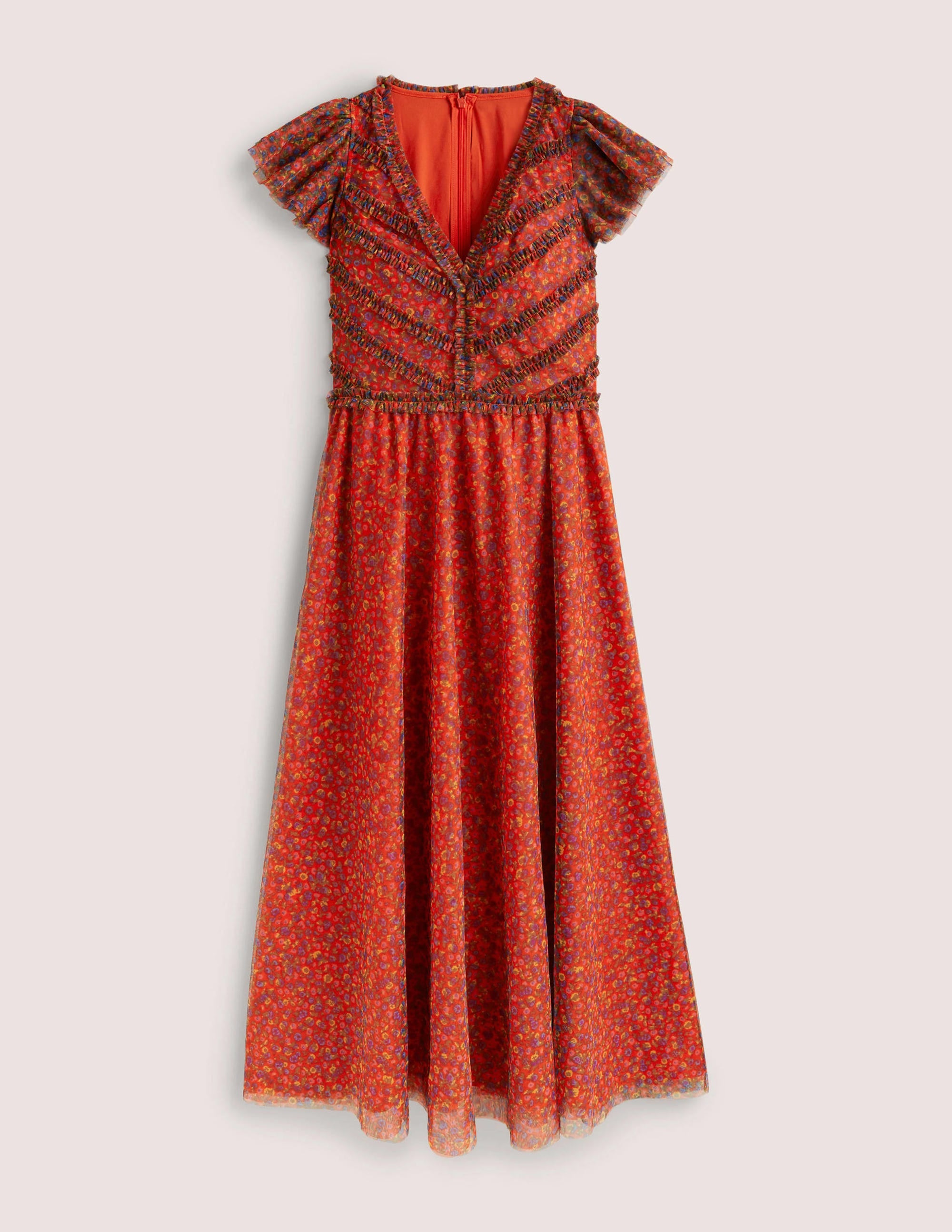 Tüll-Maxikleid mit V-Ausschnitt-Raketenrot, Florales Muster - Image 7