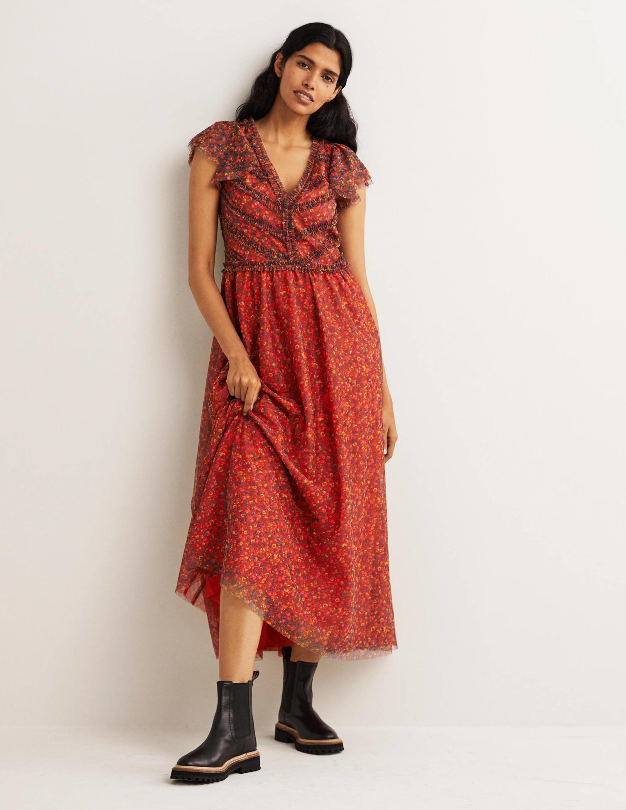 Tüll-Maxikleid mit V-Ausschnitt-Raketenrot, Florales Muster - Image 1