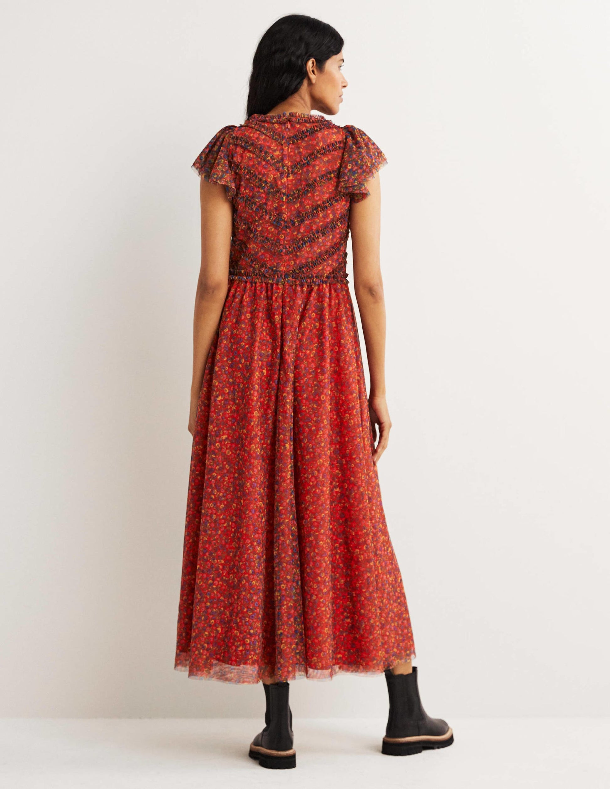 Tüll-Maxikleid mit V-Ausschnitt-Raketenrot, Florales Muster-3