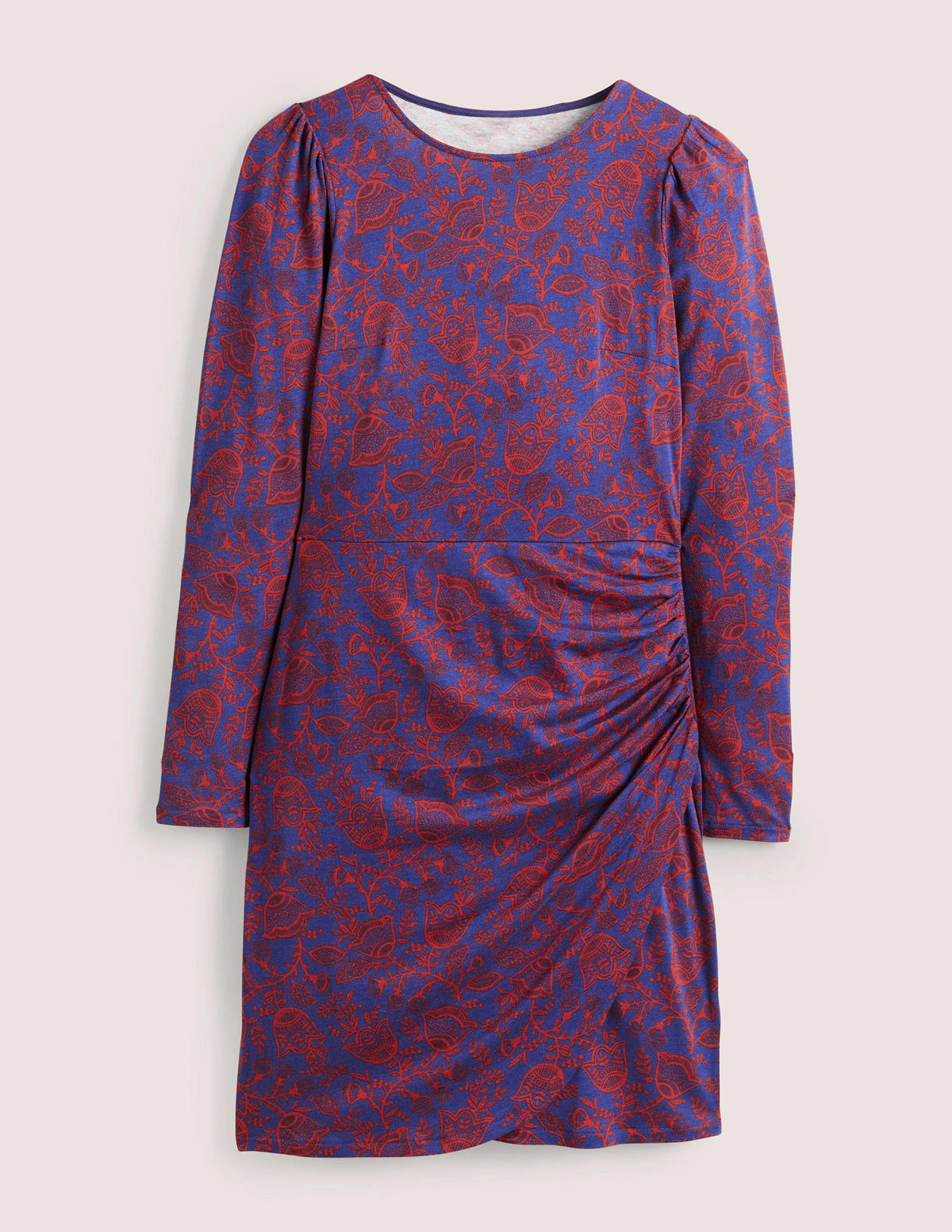 Gerafftes Midikleid aus Jersey-Marineblau, Tulpenranken-5