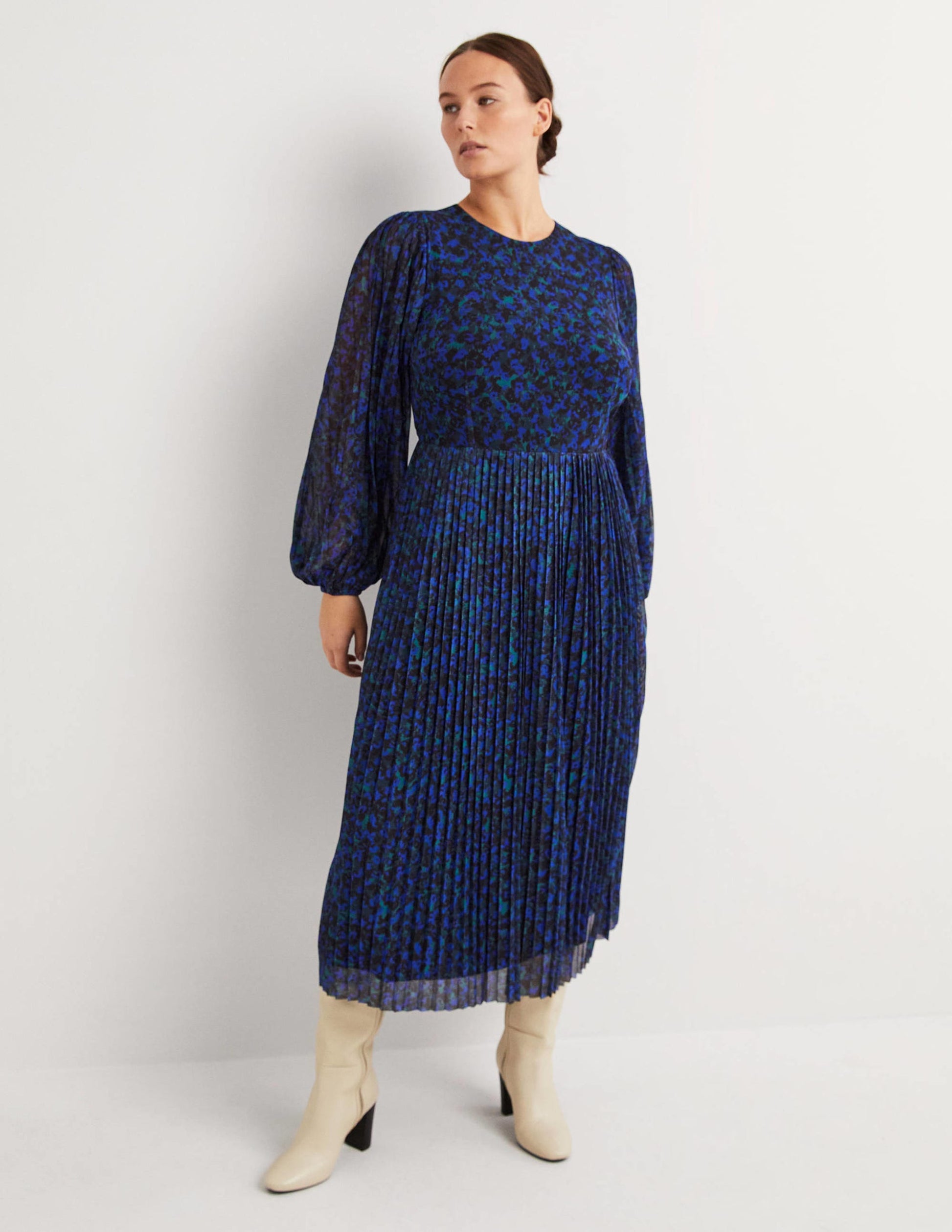 Pleated Midi Dress-Persian Blue, Painterly Stroke-1