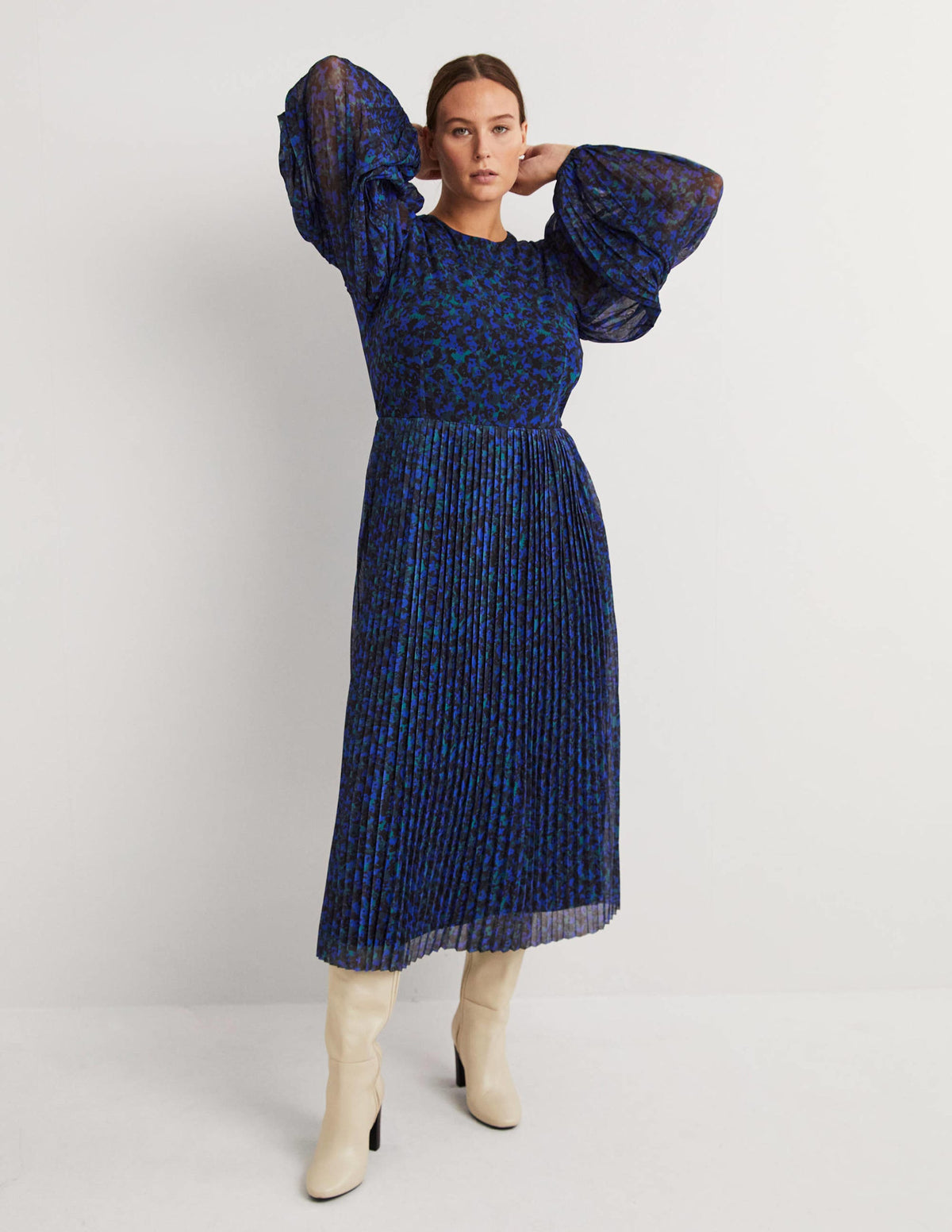 Pleated Midi Dress-Persian Blue, Painterly Stroke-5