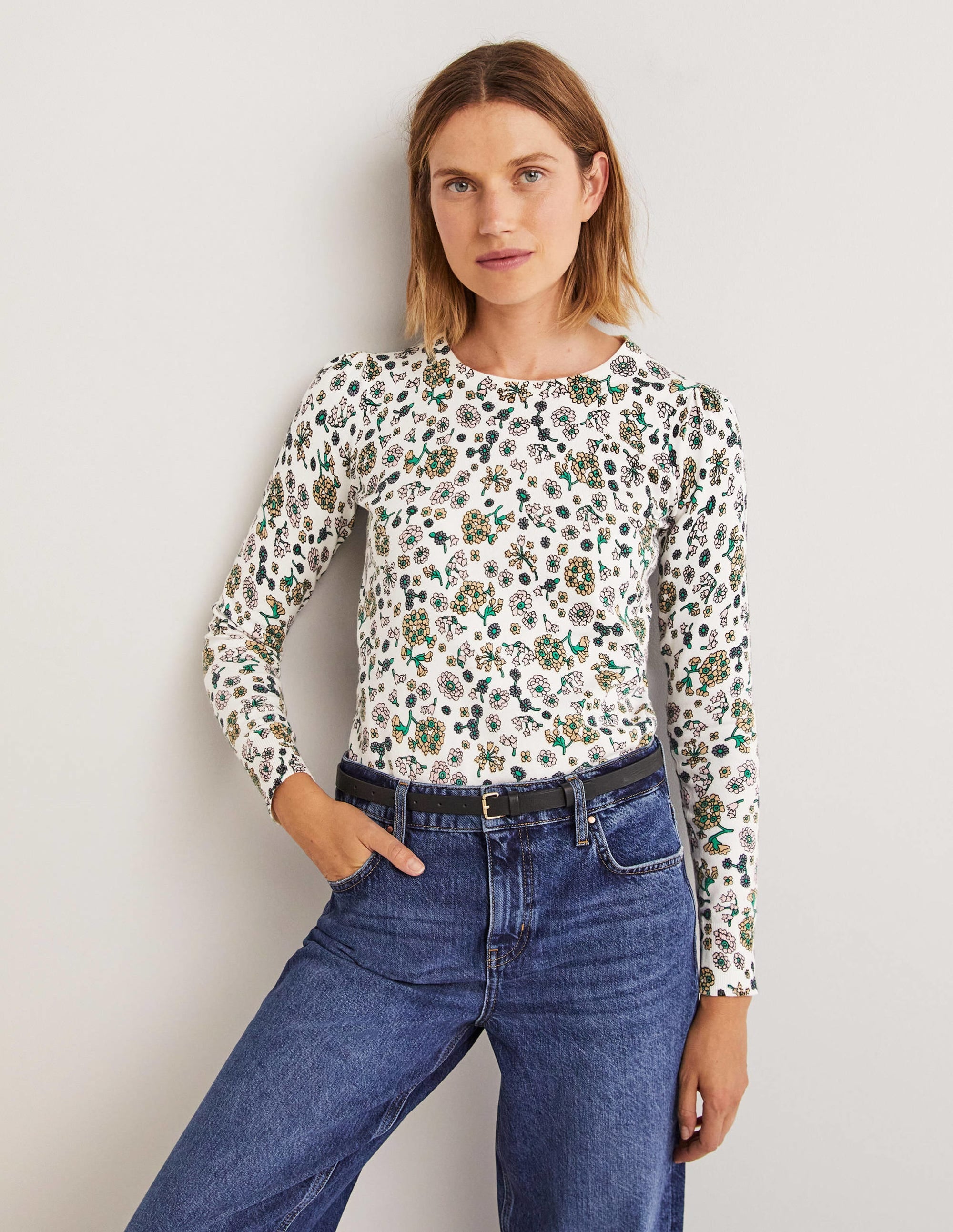 Baumwollpullover mit Rundhalsausschnitt-Naturweiß, Filigranes Blumenmuster - Image 1