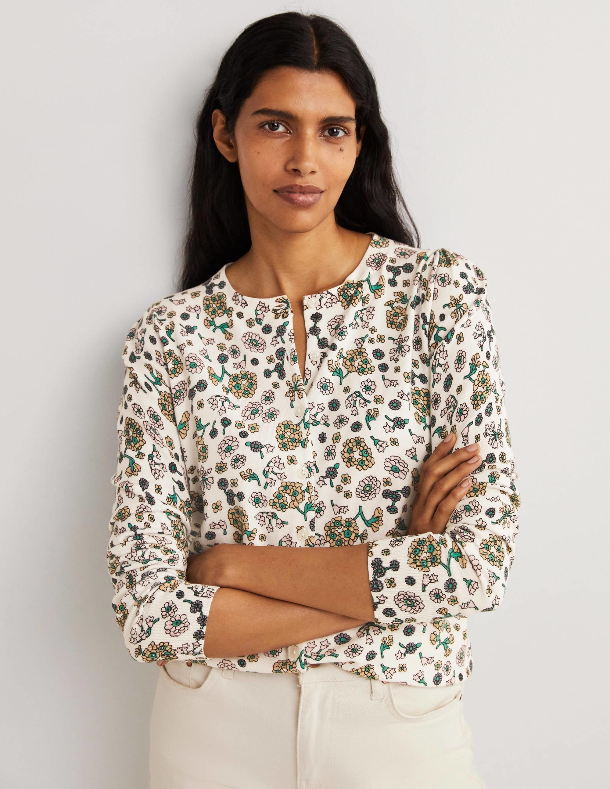 Baumwollcardigan mit Rundhalsausschnitt-Naturweiß, Filigranes Blumenmuster - Image 1