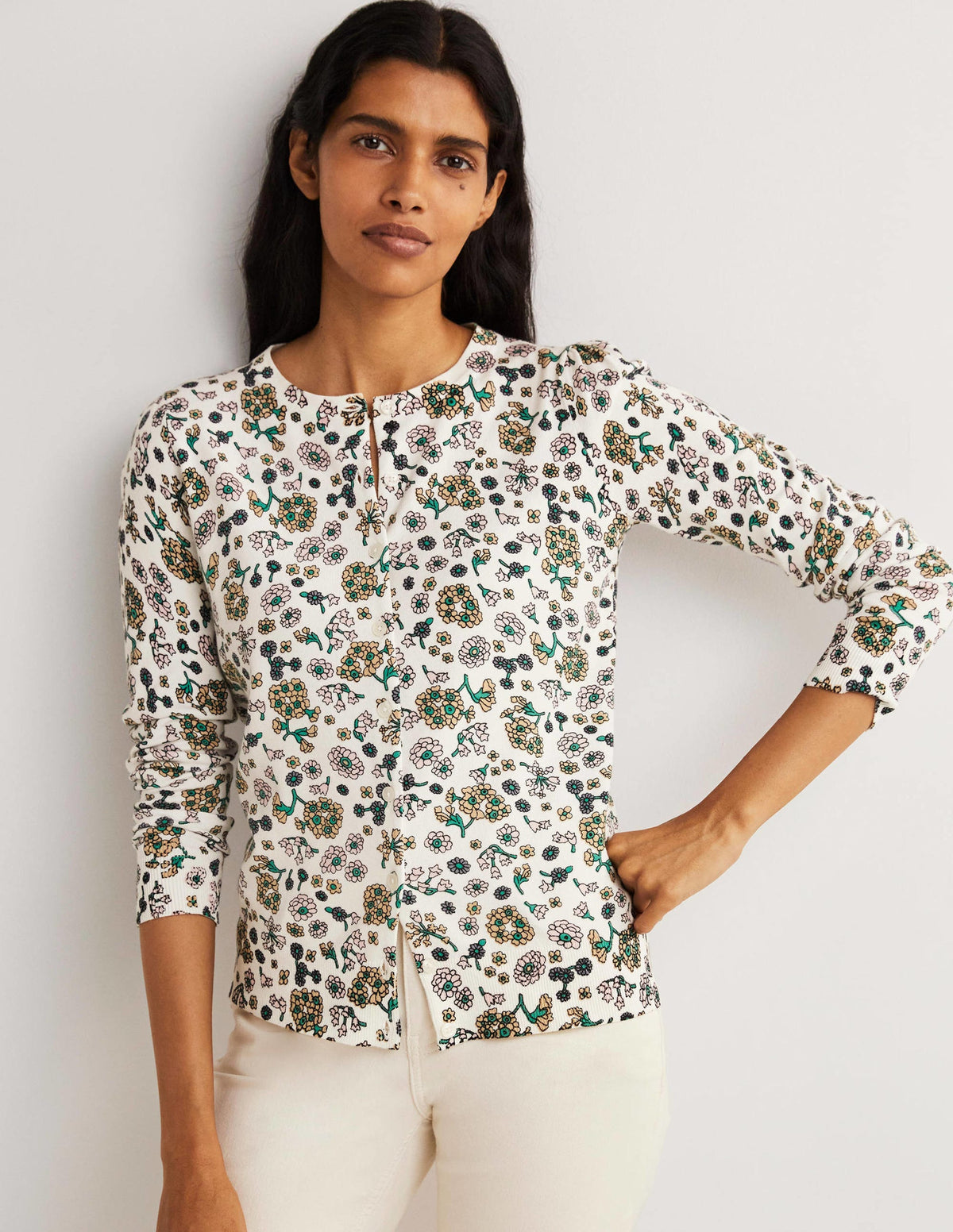 Baumwollcardigan mit Rundhalsausschnitt-Naturweiß, Filigranes Blumenmuster - Image 5
