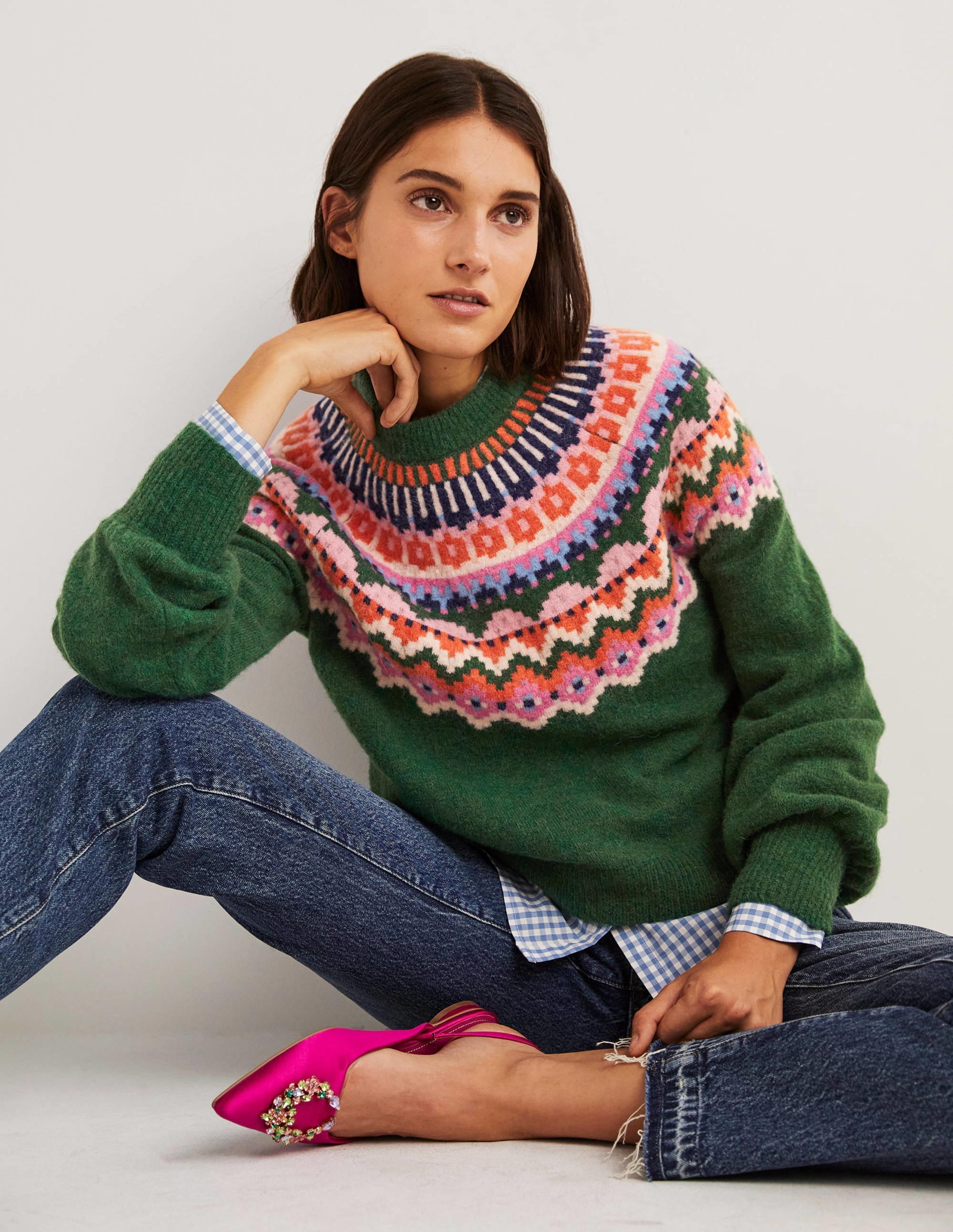 Flauschiger Pullover mit Blousonärmeln-Jägergrün, Fair-Isle-Muster - Image 4
