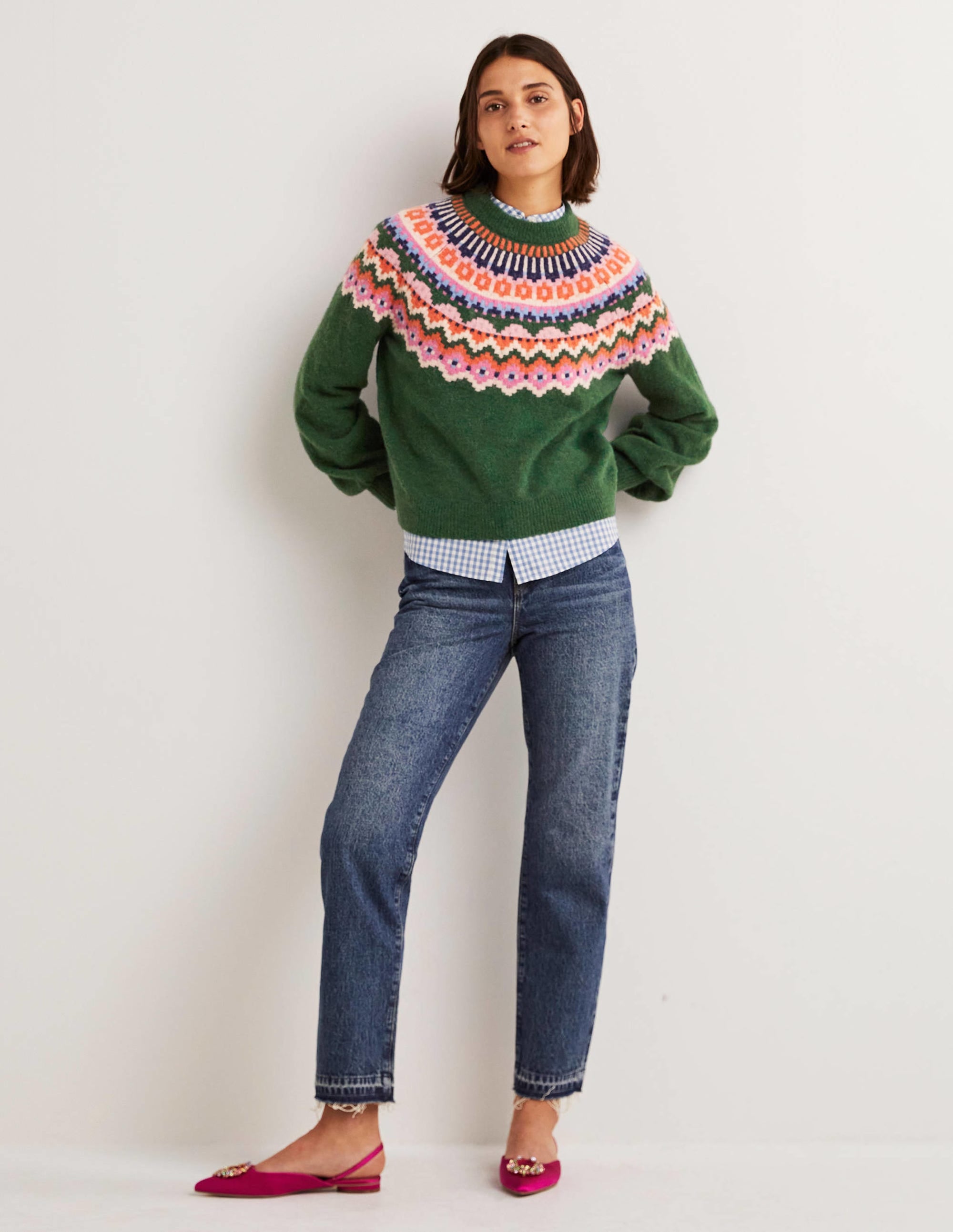 Flauschiger Pullover mit Blousonärmeln-Jägergrün, Fair-Isle-Muster - Image 5