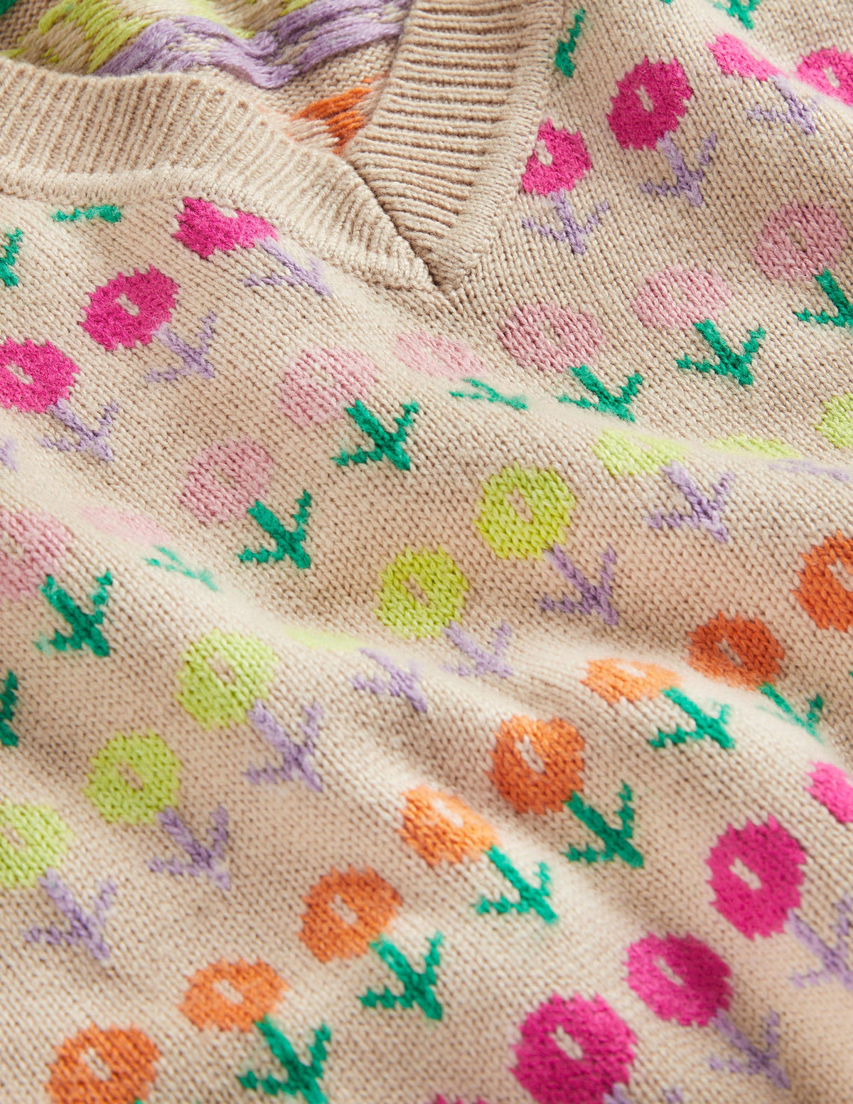 Strickpullunder mit V-Ausschnitt-Mausbraun Melange, Blumenmuster-7