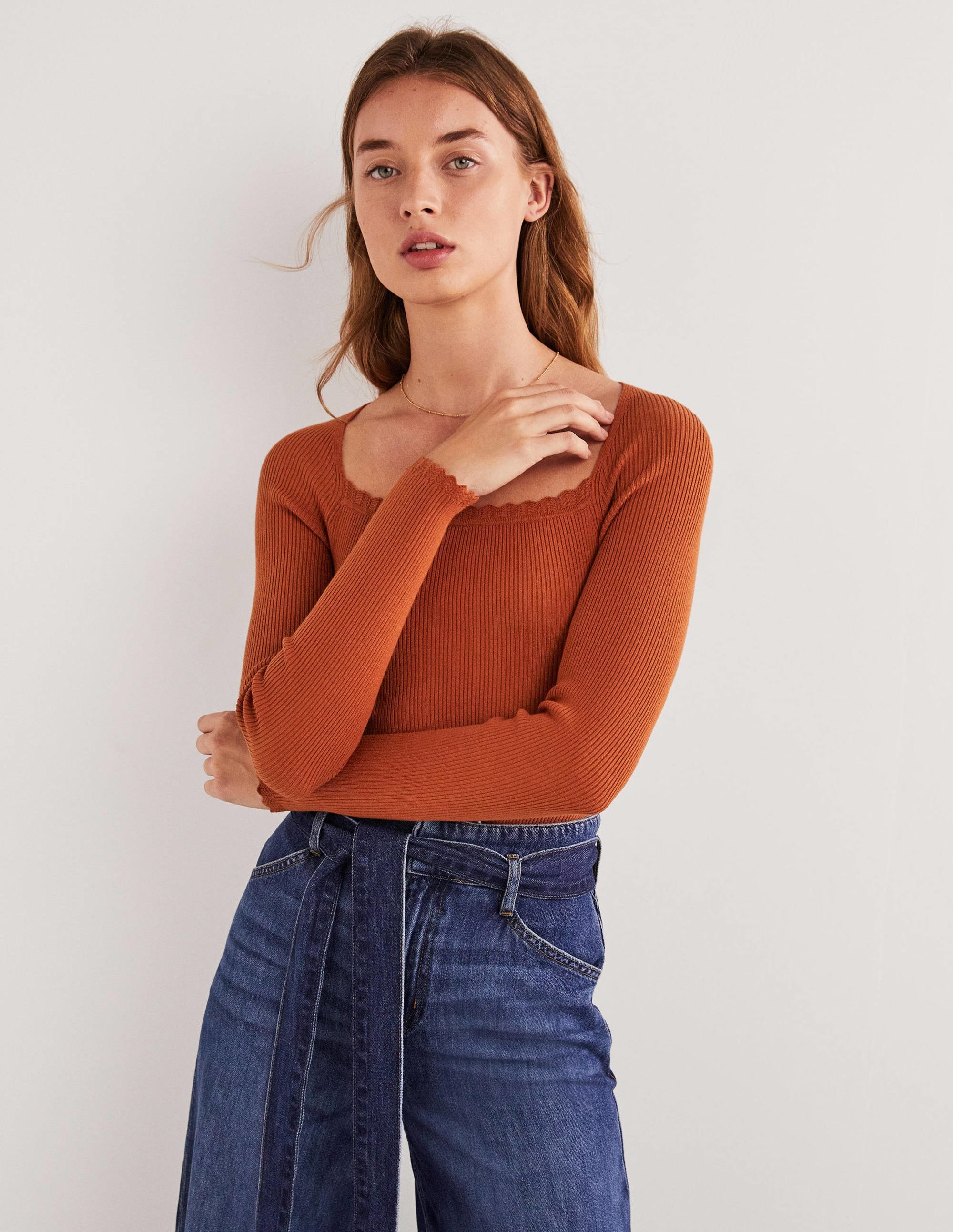 Ribbed Square Neck Knitted Top-Rust - Image 1
