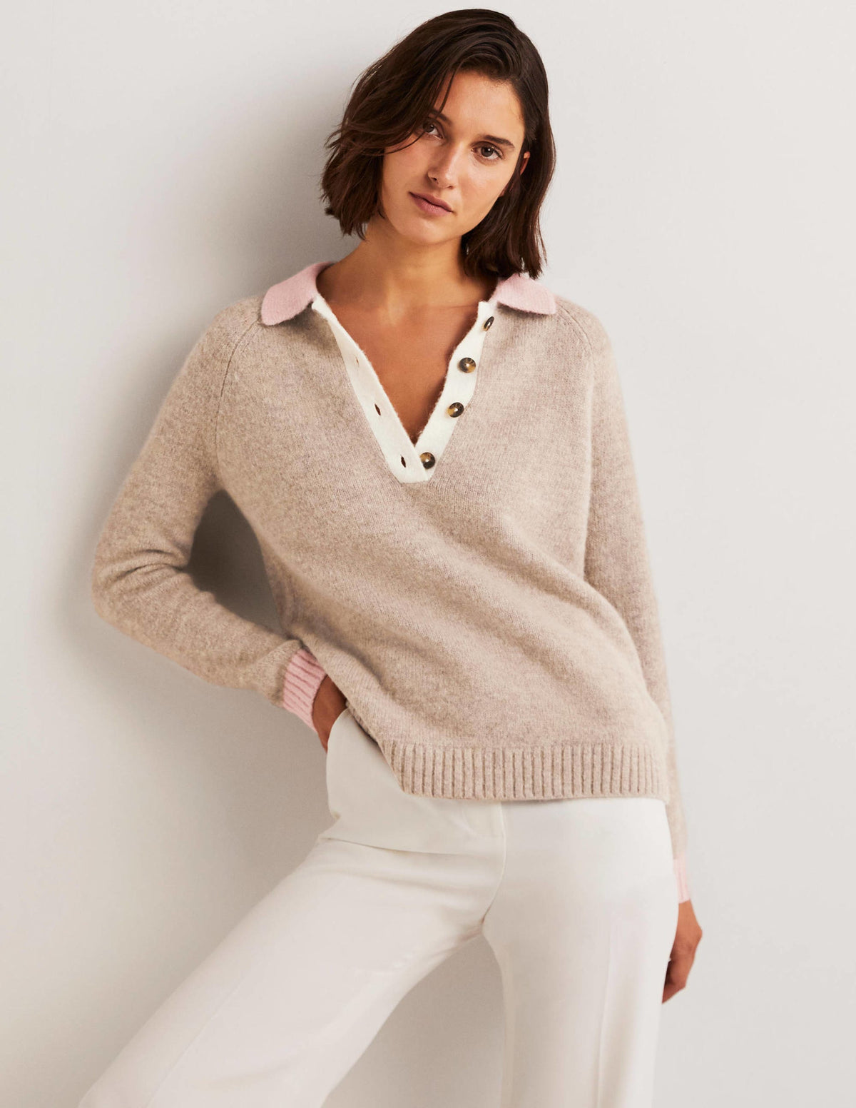Flauschiger Henley-Pullover-Nerzbraun Melange/Eisrosa - Image 1