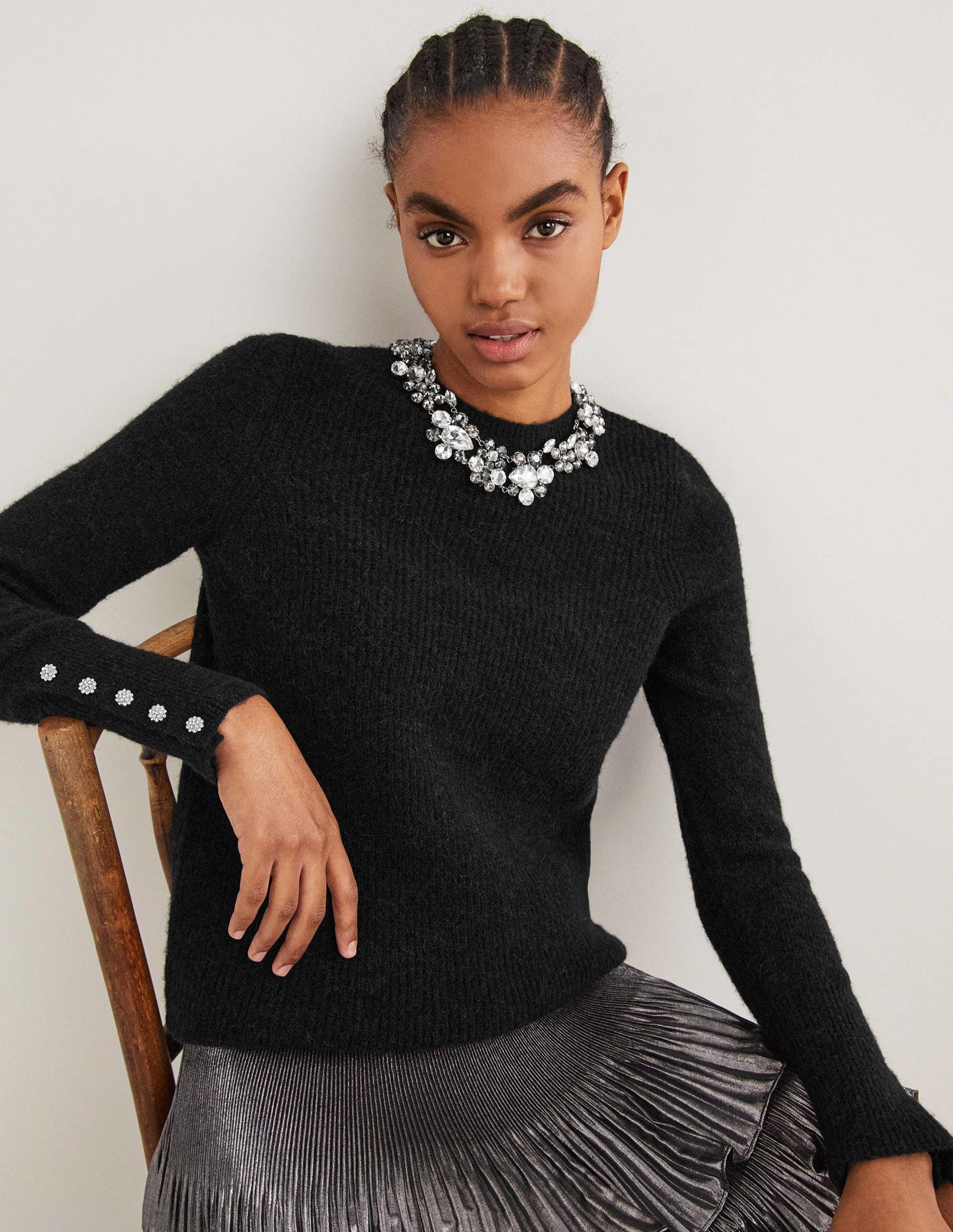 Black Jewel Button Fluffy Jumper-Schwarz-5