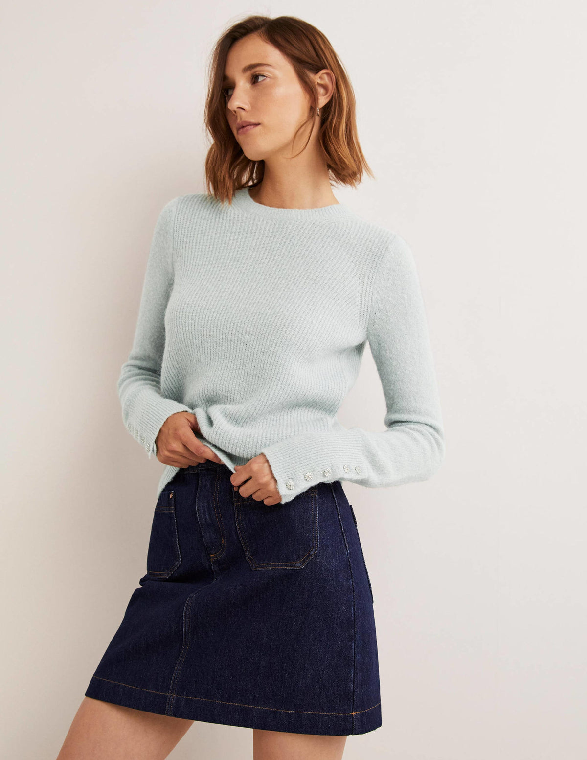 Pull duveteux à boutons ornementés-Bleu surf - Image 1