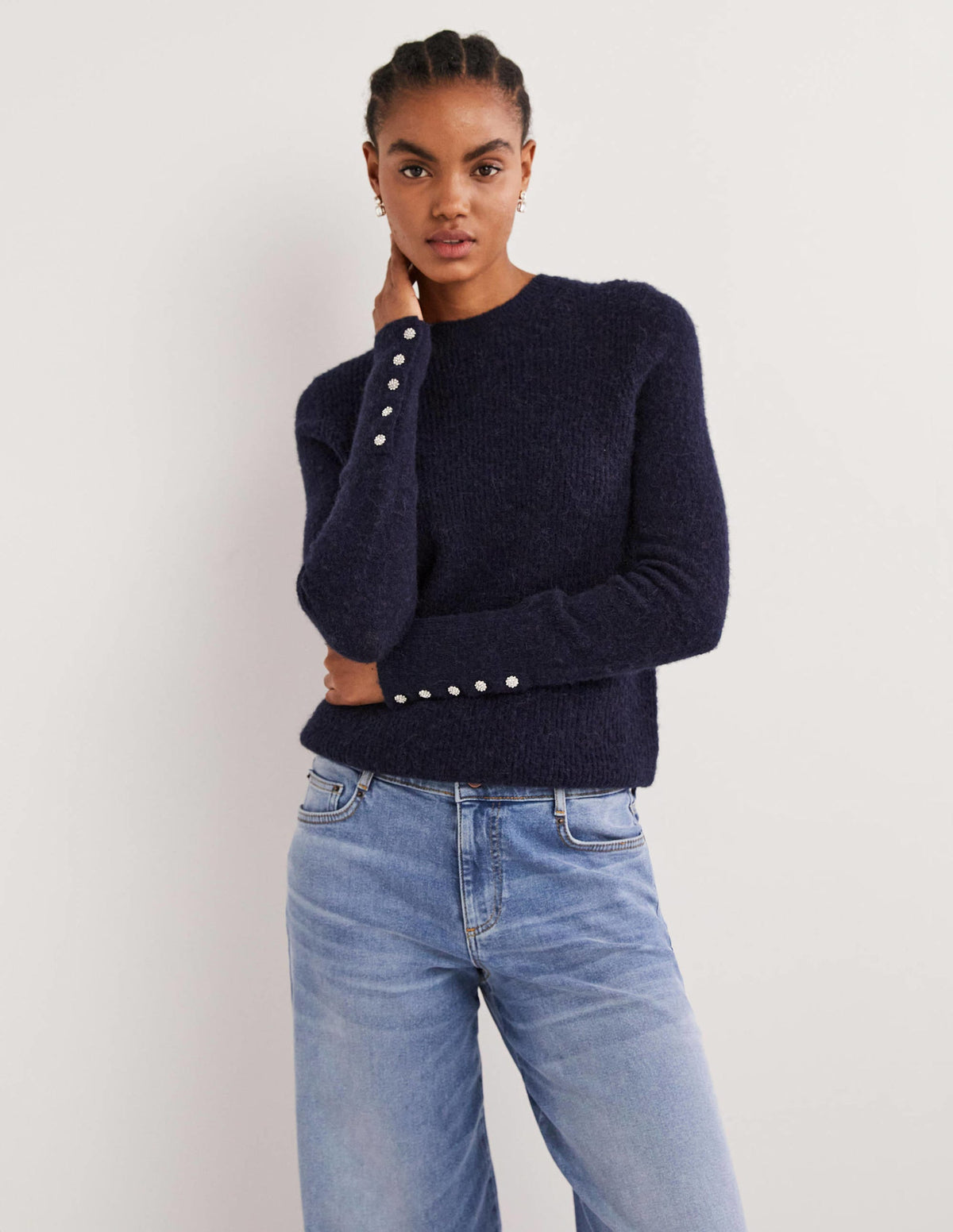 Navy Jewel Button Fluffy Jumper-Marineblau-1