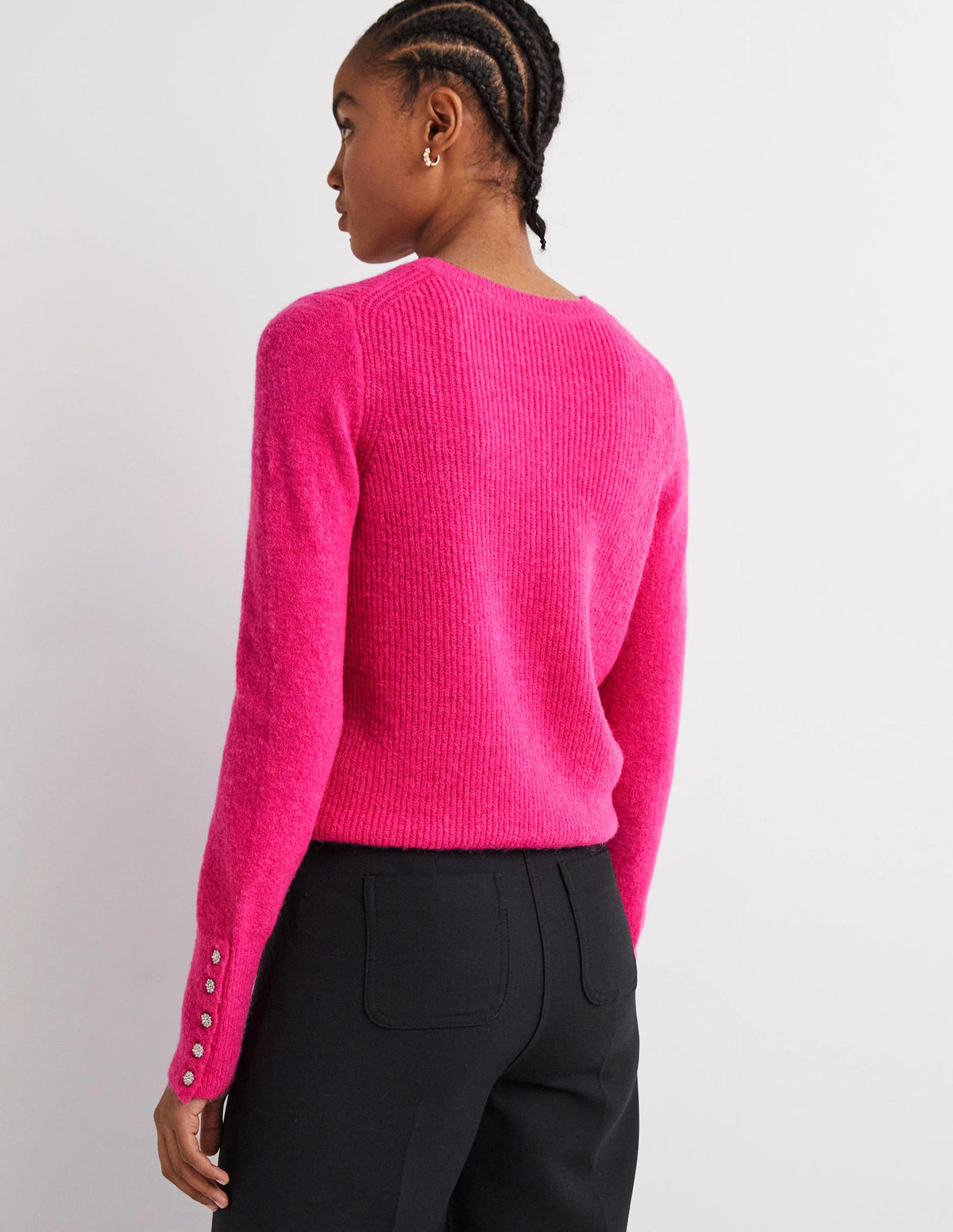 Flauschiger Pullover mit Schmucksteinknöpfen-Wassermelonenrosa - Image 3