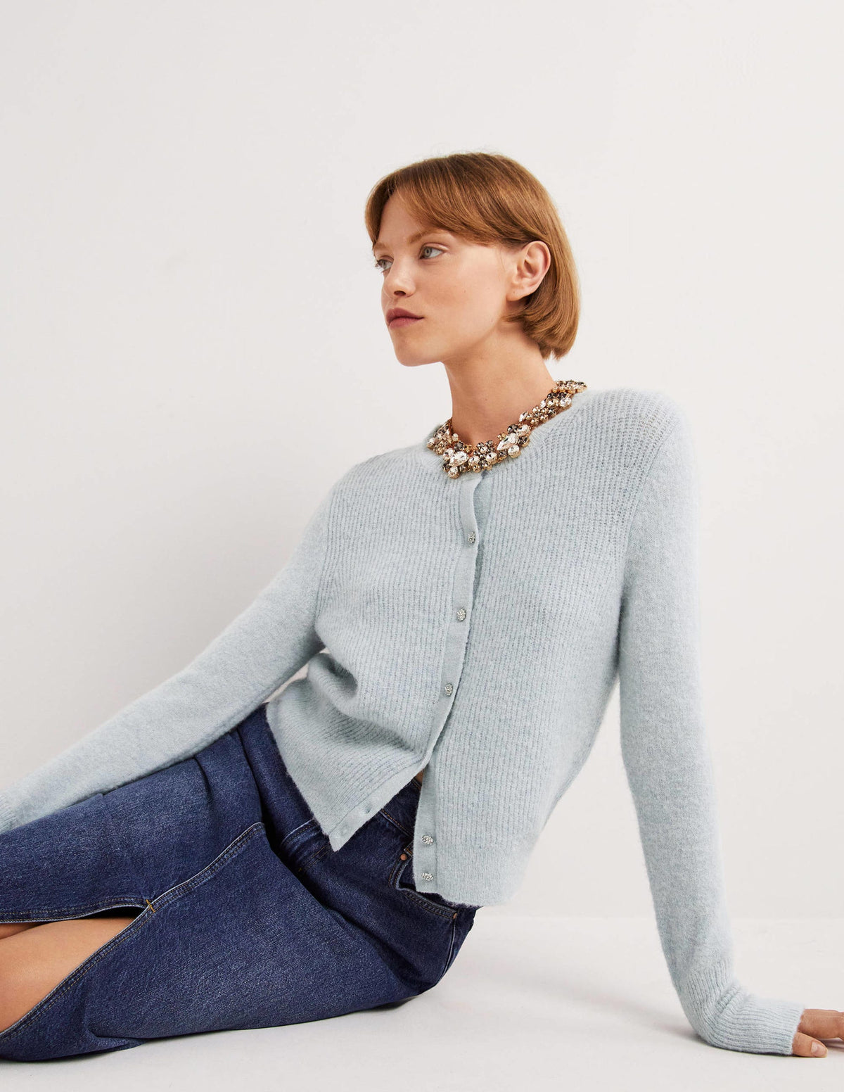 Flauschiger Cardigan mit Schmucksteinknöpfen-Surfblau - Image 1
