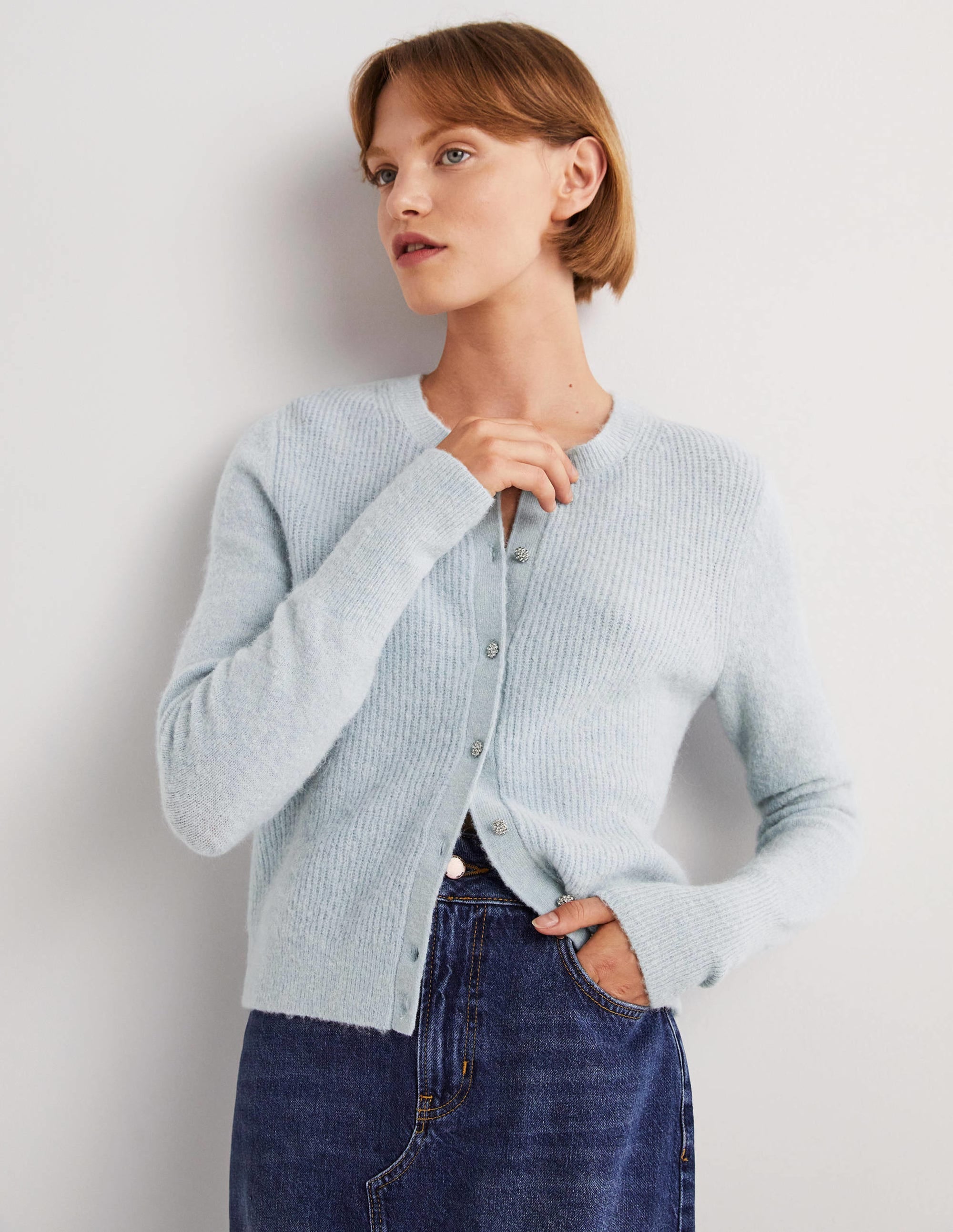 Flauschiger Cardigan mit Schmucksteinknöpfen-Surfblau - Image 2