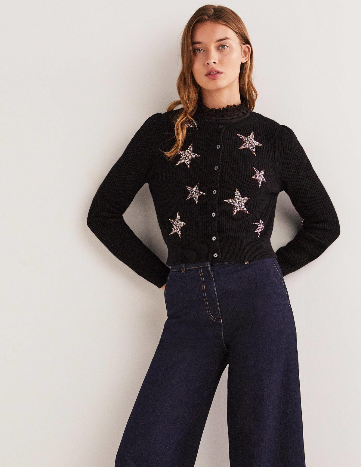 Black Star-Embellished Ribbed Cardigan-Noir, étoiles ornementées - Image 1