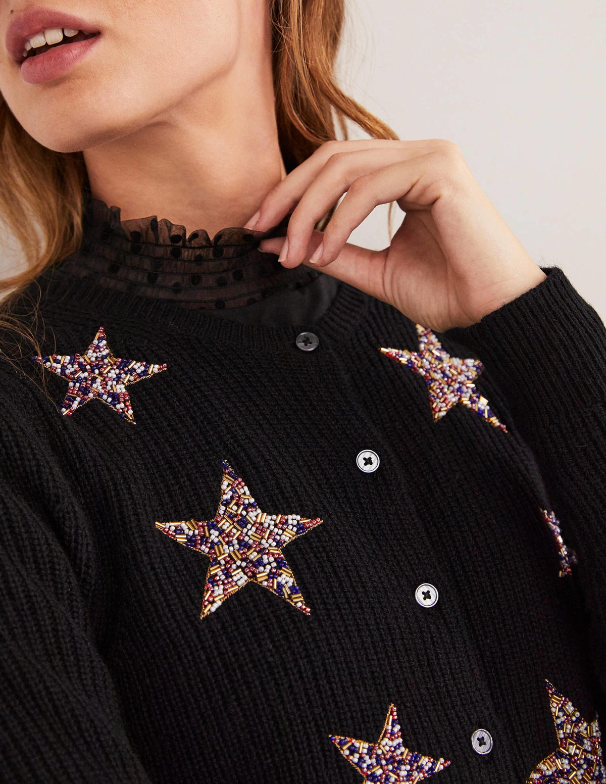 Black Star-Embellished Ribbed Cardigan-Noir, étoiles ornementées-2
