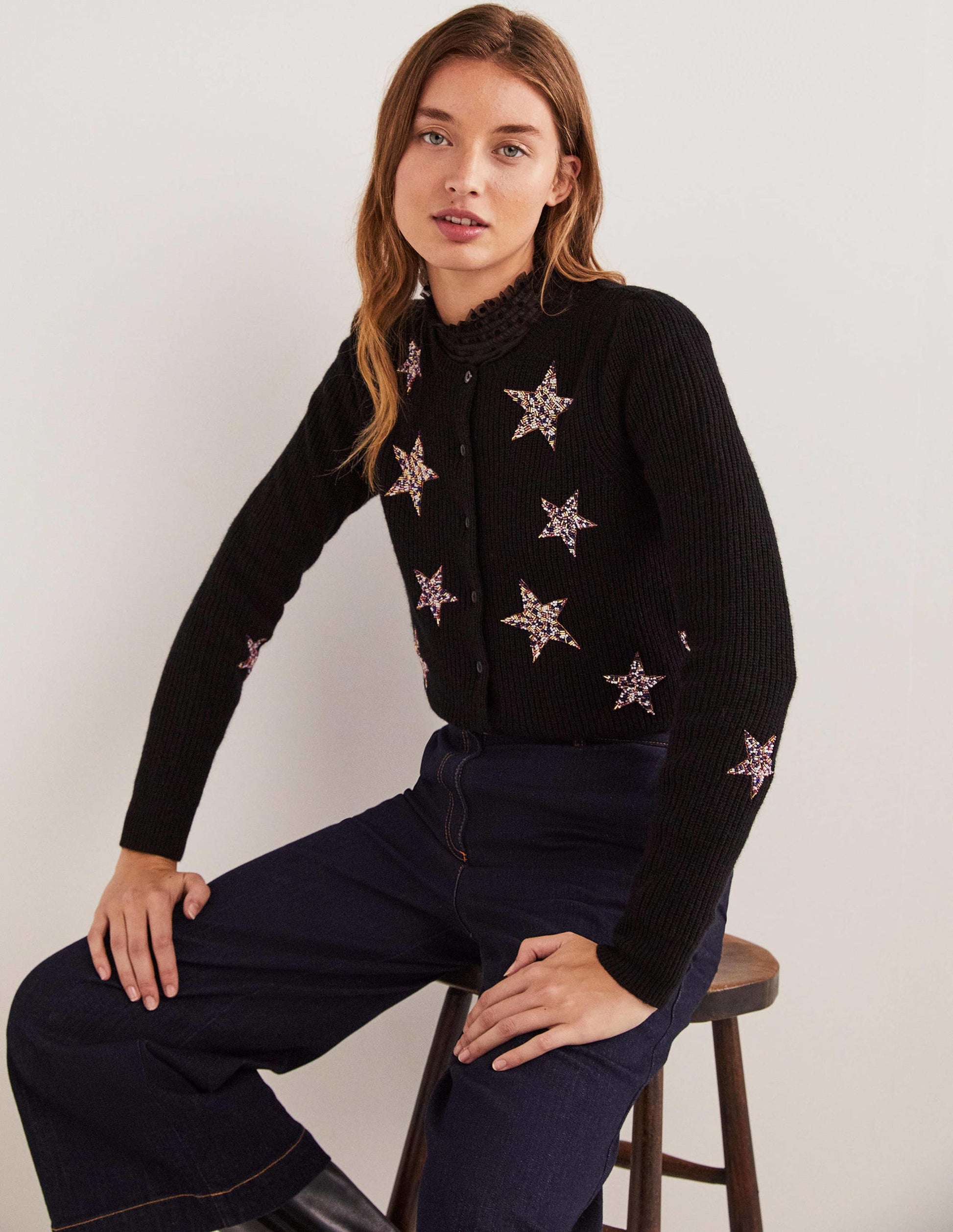 Black Star-Embellished Ribbed Cardigan-Noir, étoiles ornementées-4